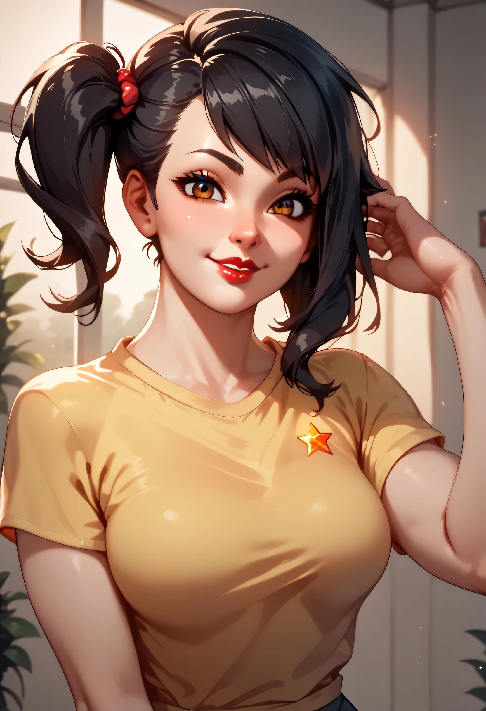 perfect face, glowing golden eyes, feminine, black hair, (side ponytail), medium hair, black thin eyebrows, brown eyes, nose, lips, red lips, smile, t-shirt, scoop t-shirt, yellow t-shirt, medium breasts, looking at viewer