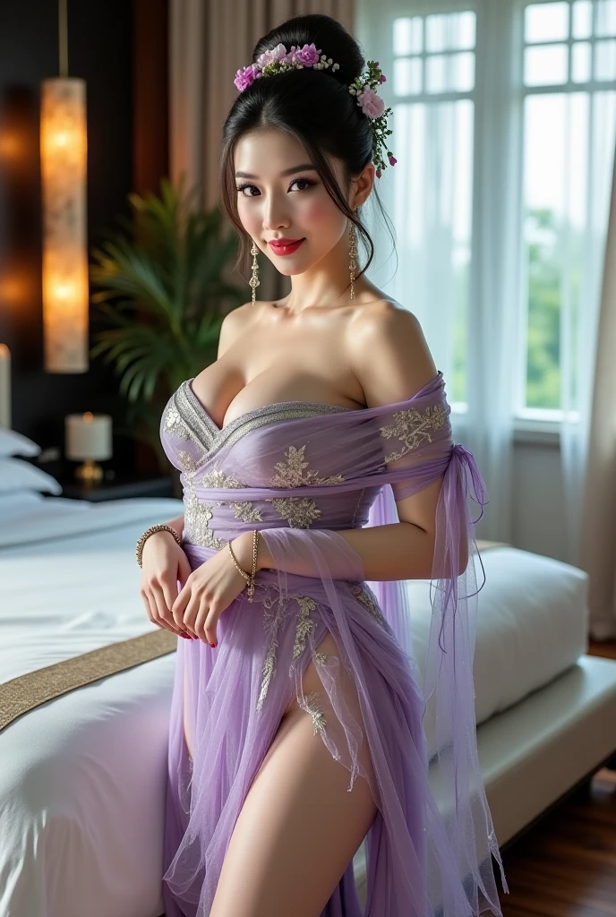Night portrait in 16:9 format with photorealistic aesthetics from ((((1girl:1.3)))), ((perfect figure: 1.4)), (large breasts: 1.3), (cleavage: 0.8), (((slender figure: 1.2)))), A woman with olive skin, dark hair, with hairstyle gathered in a braid elaborated with jewels and Her deep eyes, Enigmatic look, captivating attitude. She wears a long purple silk dress with golden details and a veil falling over her shoulders that subtly hints at her slender, curvaceous figure, gracefully highlights her feminine attributes, In an ancient alley in Istanbul, the vampire walks near a chandelier, her figure blending with the shadows and golden light In the nighttime, cobblestone streets of London The Topkapi Palace in Istanbul, with its intricate architectural details and the chandelier hanging in the Treasure Hall, The vampire holds her dress with both hands and appears to be about to move it in a subtle dance, while the chandelier behind her emits a soft, magical light, with Panasonic Lumix S5 camera, with Lumix S 24-105mm f/4 lens, Settings ((ISO 800, Aperture f/4, shutter speed 1/160s or faster)), with soft lighting and wintry colors. Sharp focus on her features evoking a beautiful face, 8K image, ultra high definition, photorealistic style, cinematic quality between 9-10 on a scale of 1 to 10. Conveys strength, evokes beauty, dedication and harmony with nature. (((Masterpiece: 1.3))), ((RAW, Best quality: 1.4)), ((UHD)), ((Enhance contrast)), ((Enhance saturation)), ((Film grain: 1.3)),