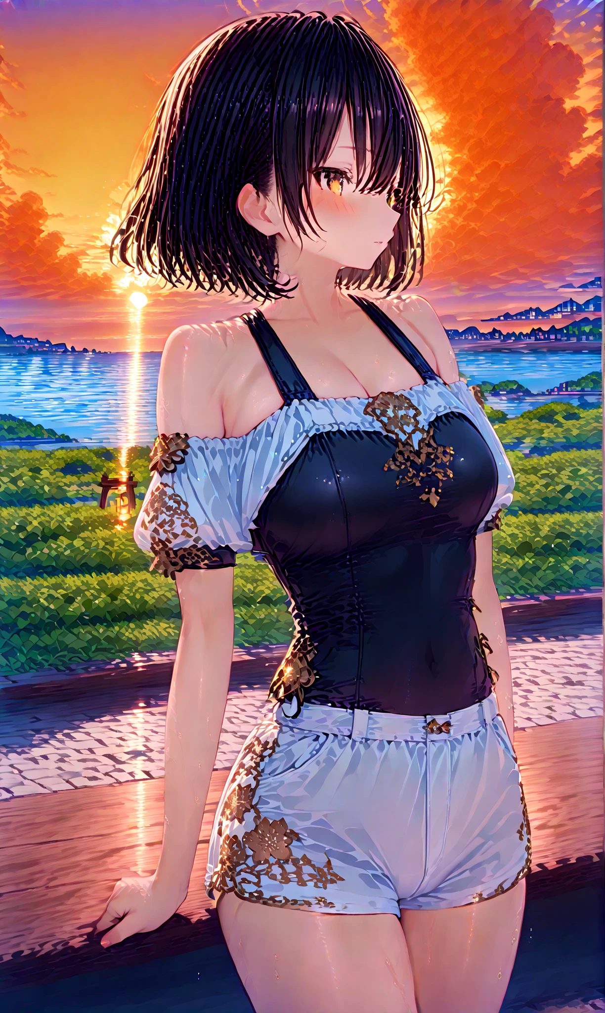 ((((masterpiece, best quality, high resolution)))), Extremely detailed 8K, Beautiful girl with voluptuous body, (Ultra HD, Ultra-detailed, Highly detailed, Highly realistic, Ultra-realistic, photograph realistic), (1girl:1.5), (Realistic black hair), (short wavy hair, earrings), (dynamic poses), facing at camera, looking at viewer, (blushing red, embarrassed, smile), (blue eyes, sharp eyes), (perky breasts:1.2), (beautiful detailed face, beautiful detailed eyes), ((off shoulder loose sundress)), (detail pussy), (walking:1.3), sweat, glow, (sunbeam, sunlight), ((cowboy shot)), beach, seductive