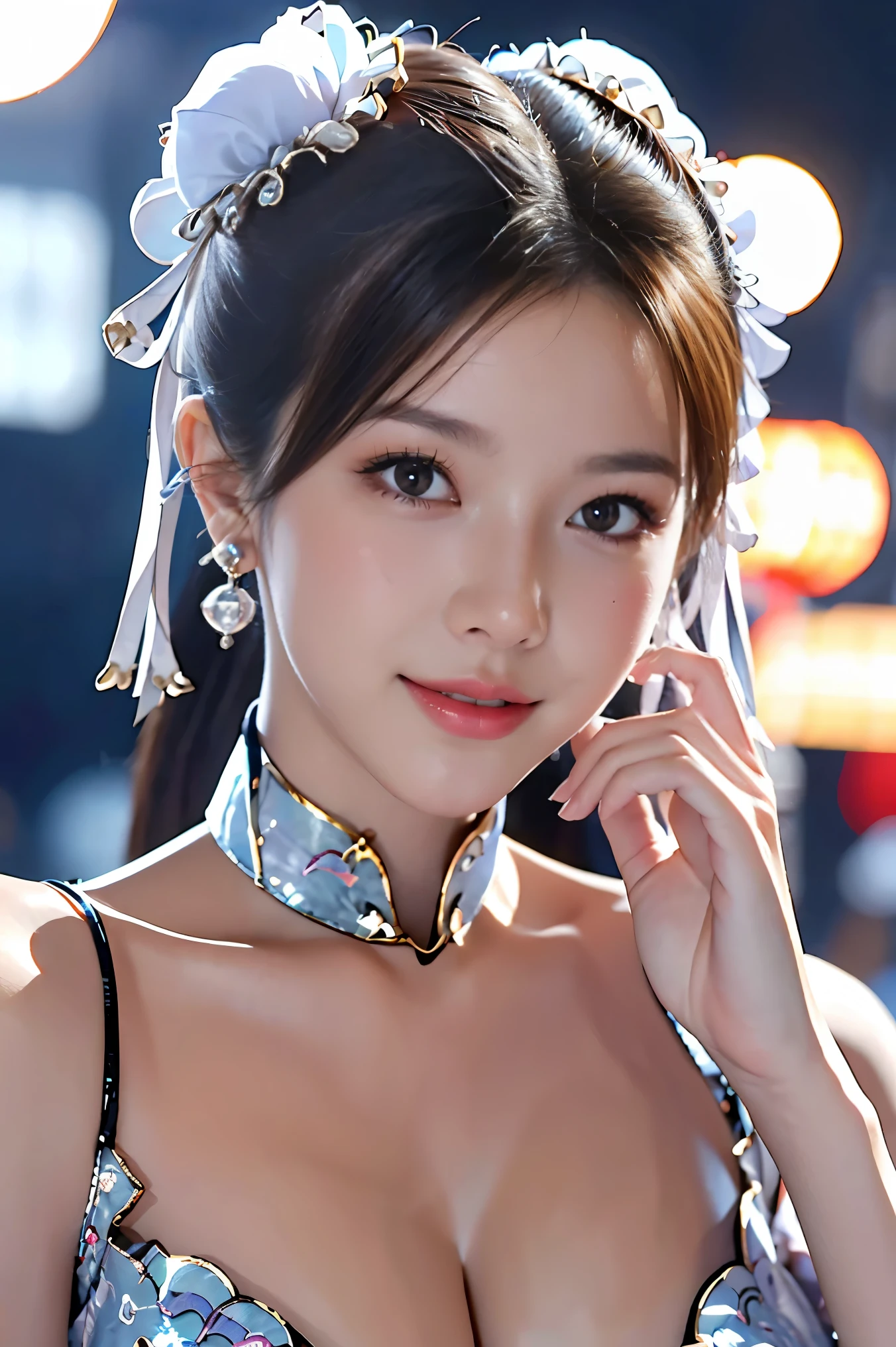 a beautiful young woman with a bright smile, detailed eyes, and long eyelashes, particle effects floating around her, streaming colorful liquid, wearing a fantasy-style outfit that showcases her large breasts, in a complex anime-inspired scene with rich colors and a nice blurred background