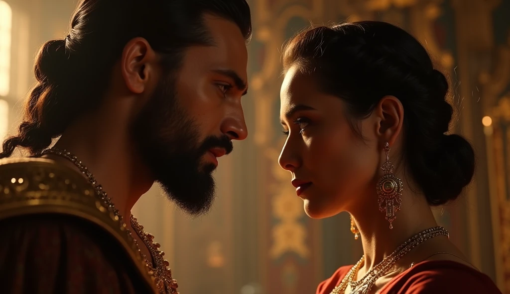 Create an extremely sacred scene, scene of the sacred union of Mary Magdalene and Jesus Christ, positioned facing each other. Mary Magdalene with features of Hindu descent, In a long, red dress with a bouquet of red roses in her hand, containing an elegant golden crown on her head. Jesus Christ with features of Hindu descent, being loving and receptive and with a serene gaze in front of him, Masterpiece, Best Quality, Extremely Detailed, Cinematic Lightning, Intricate Details, Very High, Official Art, Extremely Detailed High Resolution Illustration, 8k , depth of field, realism, pair, holy union of Jesus and Mary Magdalene, Mary Magdalene with black hair and ruby eyes, long black hair, deep ruby eyes, beautiful sacred landscape, sacred and golden temple scenery, full body, one looking to each other, full body