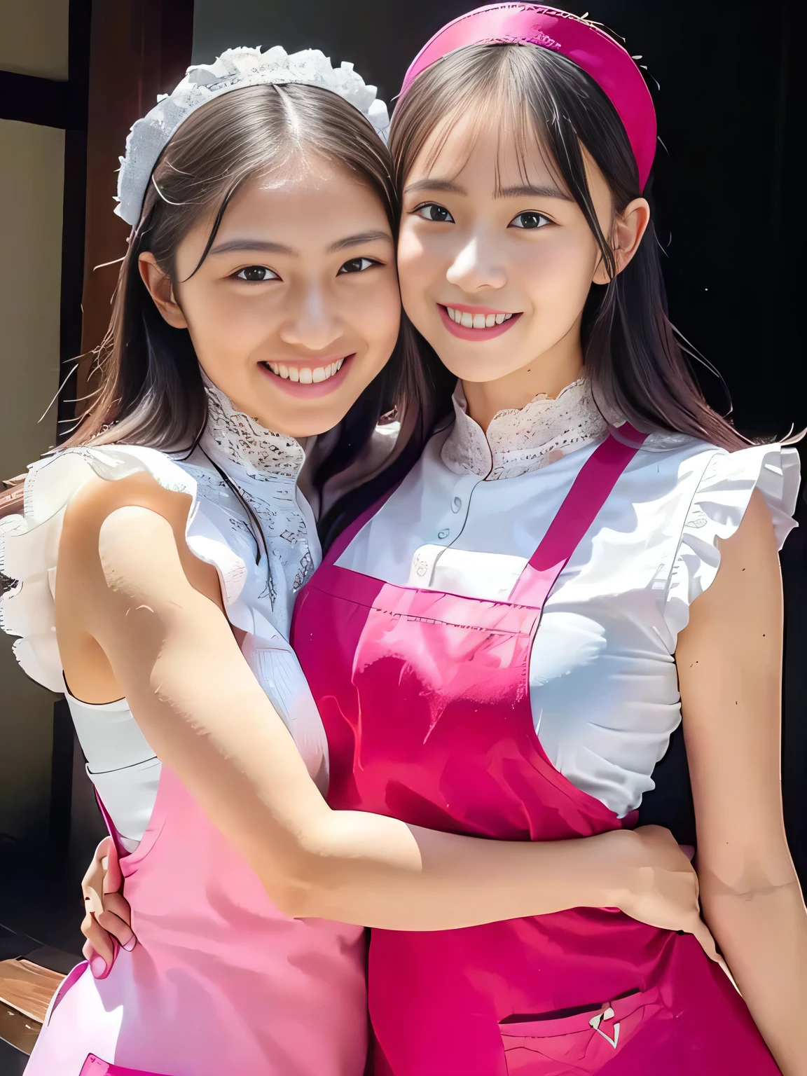 (((best image quality、highest resolution、greatest masterpiece、8k)))、(((detailed face)))(((cute face)))(((Baby Face)))(((Young contour)))((( Lovely facial features)))、((( Blizzard 10 )))(((model figure)))((( Perfect pose line)))、(((Big Breasts 1.0)))((( Detailed Body .5)))(((nsfw)))、(((long straight hair)))((( Two girls in red and pink Edwardian maid outfits))Girl in Japanese maid outfit 、(((girls in red and pink edwardian maids)))((( White Waiter Apron with Lace Pattern 0 .5)))((( Large Frilled Maid Headband 0 .5)))((( angelic smile))) (((Dynamic Hug Shot 5.0)))