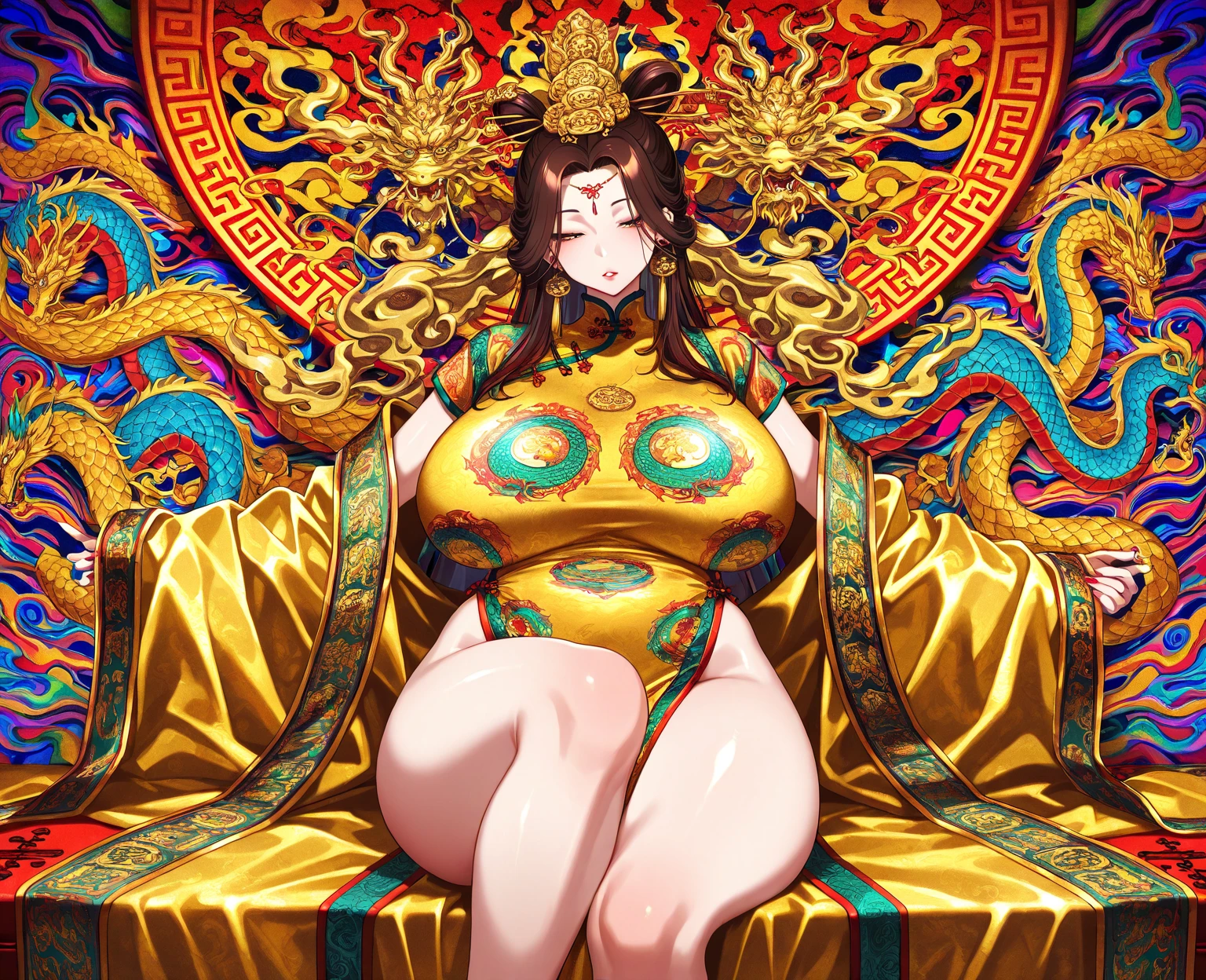 (Guanyin Bodhisattva), Pudu sentient beings, Incarnation of sorrow, Buddhist god, mature woman, Nanhai Guanyin, white lotus, bloodless face, ((super huge breasts)), (mother), ((simple style)), Buddhist disciple, saving suffering, great compassion, Pudu sentient beings, extremely solemn, listening to the faithful in the temple, black pupils, bloodless skin, meditating cross-legged, no desire and no desire, shaping the sacred atmosphere, (coiled dragon hairstyle), boundless mana, ancient Chinese aristocracy, beautiful legs, gorgeous ancient Buddhist decorations, God of Sorrow, (lots of exquisite white lotus ornaments), perfect flesh full of texture, , searing rendering effect, jaw-dropping, captivating visual enjoyment, ((best quality)), ((masterpiece)), maximum definition, multi-layered texture, super detailed, illustration, (super detailed face), (perfect face), clear texture, fine texture, Ultra HD detail display, excellent image performance, high-quality illustration, perfectly fit harmonious tones, deep lines, precise brush strokes, It has a strong sense of three-dimensionality and delicate wearing, wonderful color matching, and intricate details