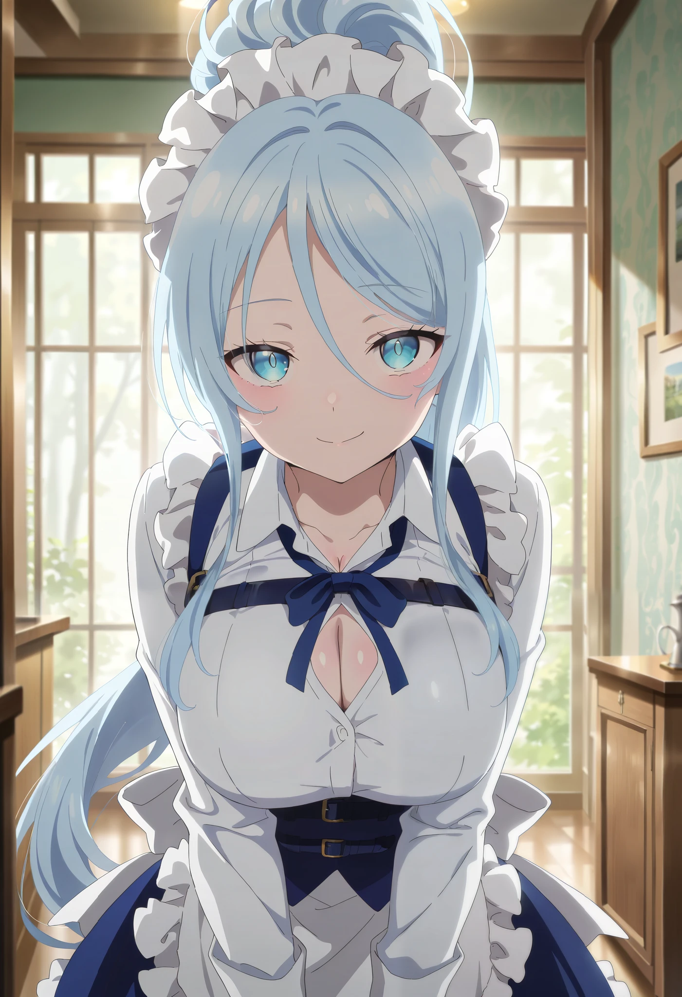 (masterpiece, detailed:1.2), best quality, amazing quality, very aesthetic, absurdres, newest, scenery, 1girl, long hair, blue eyes, hair between eyes, light blue hair, high ponytail, sidelocks
maid headdress, neck ribbon, blue ribbon, white shirt, collared shirt, long sleeves, (frills:1.1), frilled apron, waist apron, white apron, belt, blue dress, frilled skirt
maid headdress, white shirt, collared shirt, cleavage, long sleeves, blue skirt, looking at viewer, shiny skin, blushed, smiling, anime screenshot, masterpiece, best quality, amazing quality, very aesthetic, absurdres, newest, scenery, volumetric lighting, indoors,
