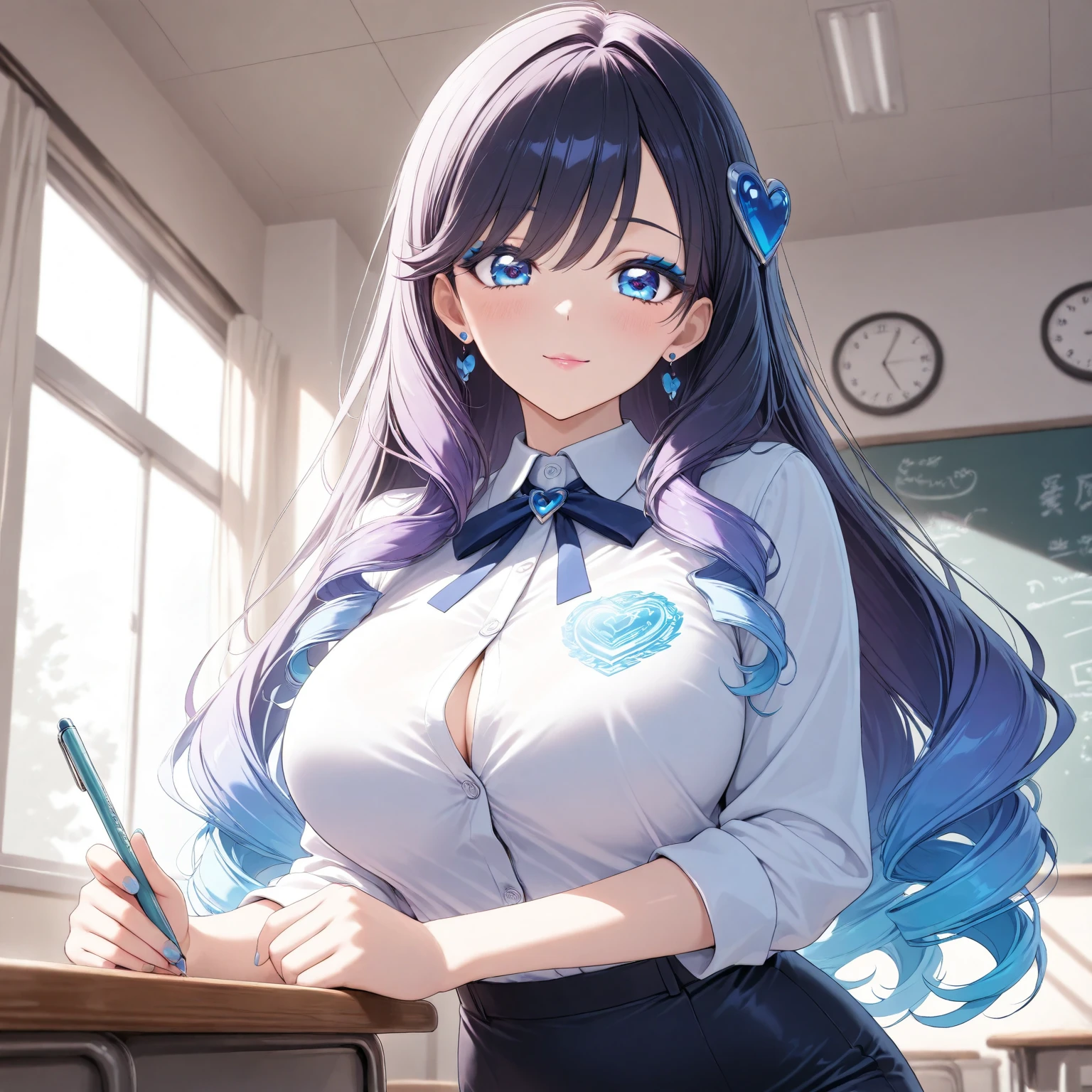 (Highest quality, 8k, 32K, masterpiece, Ultra-high resolution,:1.2),to be born, One Girl,So cute , classroom, A fantasy background reminiscent of an electronic world, clear, Shining Eyes, Age 25 ,Fair skin, Black Hair Girl, , Long Hair, An innocent smile, Pierced ears sparkle, An elegant necklace adorns her slender neck., Rings and bracelets decorate the fingers. expensive_Big Breasts, Big Breasts, Classroom, high school