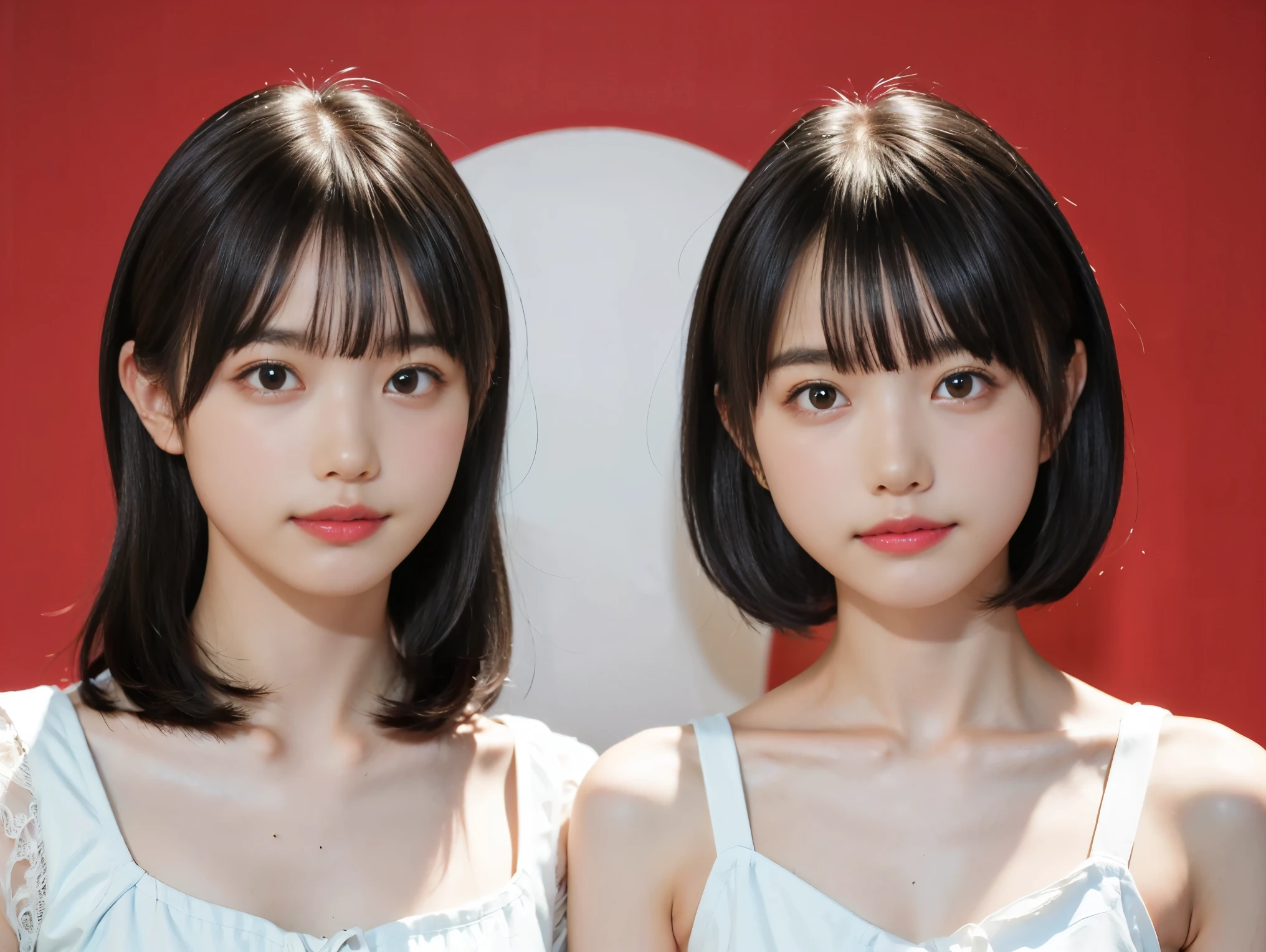 ((two girls)), (((flat chest:1.5))), (((white camisole dress))), (two toddler girls, short hair girl and long hair girl, in old apartment at late night, toddler), ((pale skin:1.3, toddler body)), (smile, baby face:1.3), red room, red wallpaper, narrow room, night time, (top-quality), Realistic, (real picture, Intricate details), natural skin texture