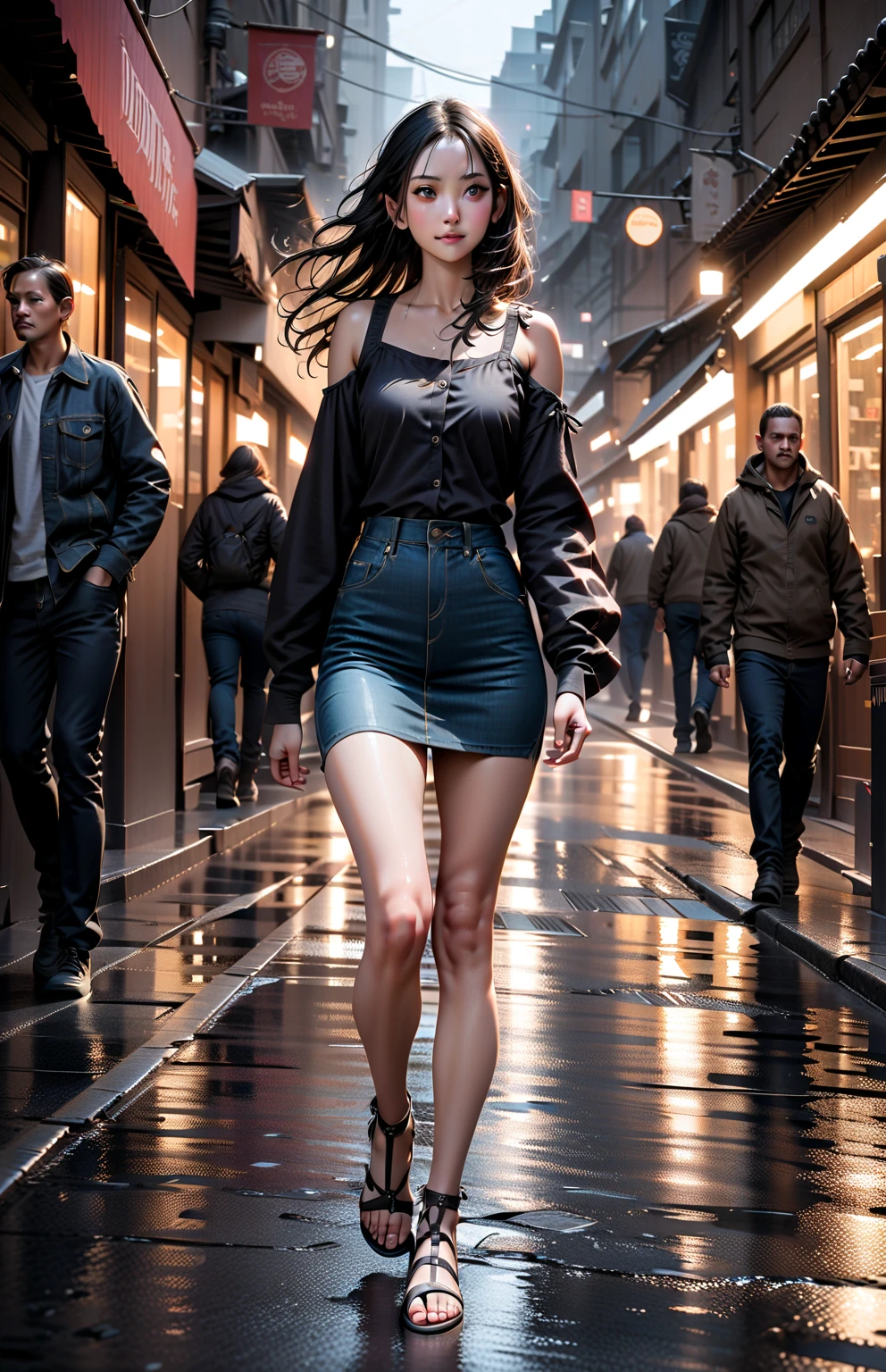 Emma Watson, "A towering giantess in a cool and laid-back hippie style rocks a crop top and a short skirt. Her slender physique with round breasts. She seems to casually stroll through the bustling cityscape of GTS City, while towering buildings tower overhead. Smoke and clouds swirl around them, adding to the sense of epic scale and drama. The lighting is dark, gloomy and realistic, creating a tense and threatening atmosphere. The perspective is from below, emphasizing the sheer majesty and power of the giantess."