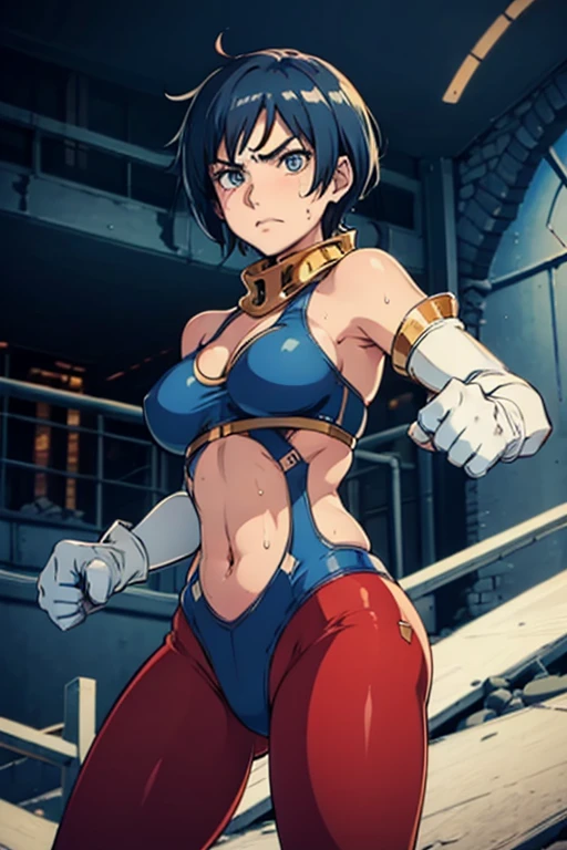 (best quality,masterpiece,ultra highres,cel anime,8k:1.2),(1man:1.5),1mature woman in(short blue haired,30years old), BREAK (in the ruins:1.5),(dark night:1.2),(abs:0.8), BREAK (blue leotard in red line:1.3), BREAK (red yoga pants:1.4), BREAK (white gloves:1.4), BREAK (navel cutout:1.5),(sweat:1.2),(sholder bare), BREAK (selious, scowl:1.2),(motion blur),(fighting stance:1.3),(punching,rushpunch:1.4),