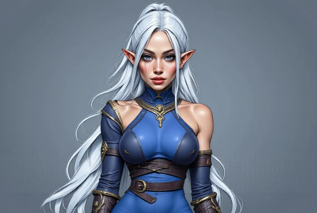 8k, ((masterpiece)), ((best quality)), highres, ((Masterpiece, top quality)), Highly detailed face, (1 Dark elf Drow, Lolth), 19 years old, Long hair, Colossal breasts, short pointy ears, face camera, White hair, Bare shoulders, Pink eyes, (Blue grey skin:1.5), anger face, Jewelry, Full body, A necklace, Off the shoulders, Sweaters, black belt with bottle, Realistic, A hottie, by artgerm, artstation trends, wlop