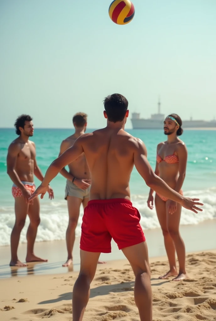 Happy birthday sign, gay man naked looking to the Sea, big cruise, gay flag , alot of man dancing, by: Sam Oca