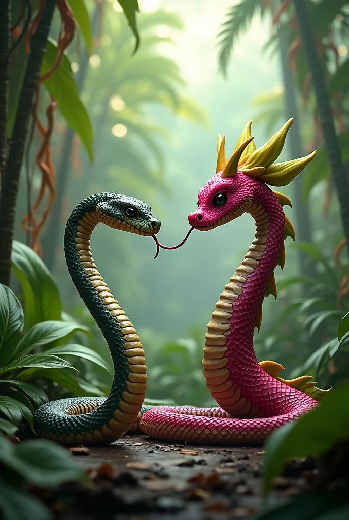 three snakes like LOLA BOA from Brandy & Mr. Whisker, together like Regina, Karen and Gretchen from MEAN GIRLS.
One cottonmouth snake baby pink with a princess tiara.
the other snake viper fire red white and black with white gold neorave sunglasses.
the other rattlesnake deep bright purple with a queen crown.
All Together in a black forest.