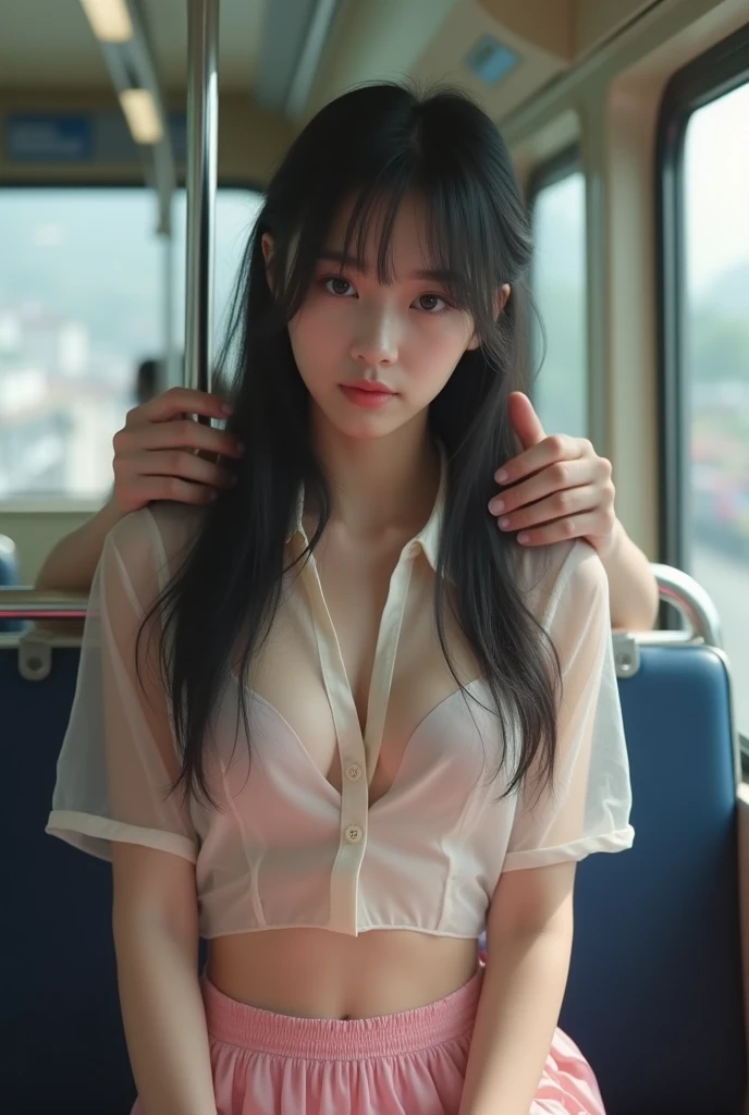 (8K high image quality), (top-quality), (RAW image quality),(masutepiece:1.2), (Realistic), (Photorealistic:1.37), Goose egg face,largeeyes,long eyelasher,Exquisite(Live-action realistic style),The Ultimate Face,Photorealistic light and shadow,Clear facial features,milky skin,Fair skin, highdetailskin,Realistic skin details,Visible Pore,(Super Detail),Hair length is random, (Flowing hair),Shoot for viewers,Shot from a short distance,Ultra-detailed, 1girl in, Cute,Beautiful detailed eyes, beautiful detailed nose, highlydetailed skin,Full body,I can see the cleavage ,(eyecontact),(Colossal tits、Breast Abundance)、(Beautiful face with double eyelids),((fullbody image)), (Realism: 1.4),High image quality, excellent details, Ultra-high resolution, (Realism: 1.4), The best illustrations, favor details, Highly condensed 1girl,delicate and beautiful face, 1girl in、20yr old、(Beautiful Face 1.4)、A slender、((Beautiful woman in t-shirt,I don't wear anything except a t-shirt)),extra detailed face、Too clear white skin、((Show your viewers your best smile)),((Full body shooting)),Slender Body Style),(On a surprisingly crowded train),very clean feet,Do a standing pose like a model