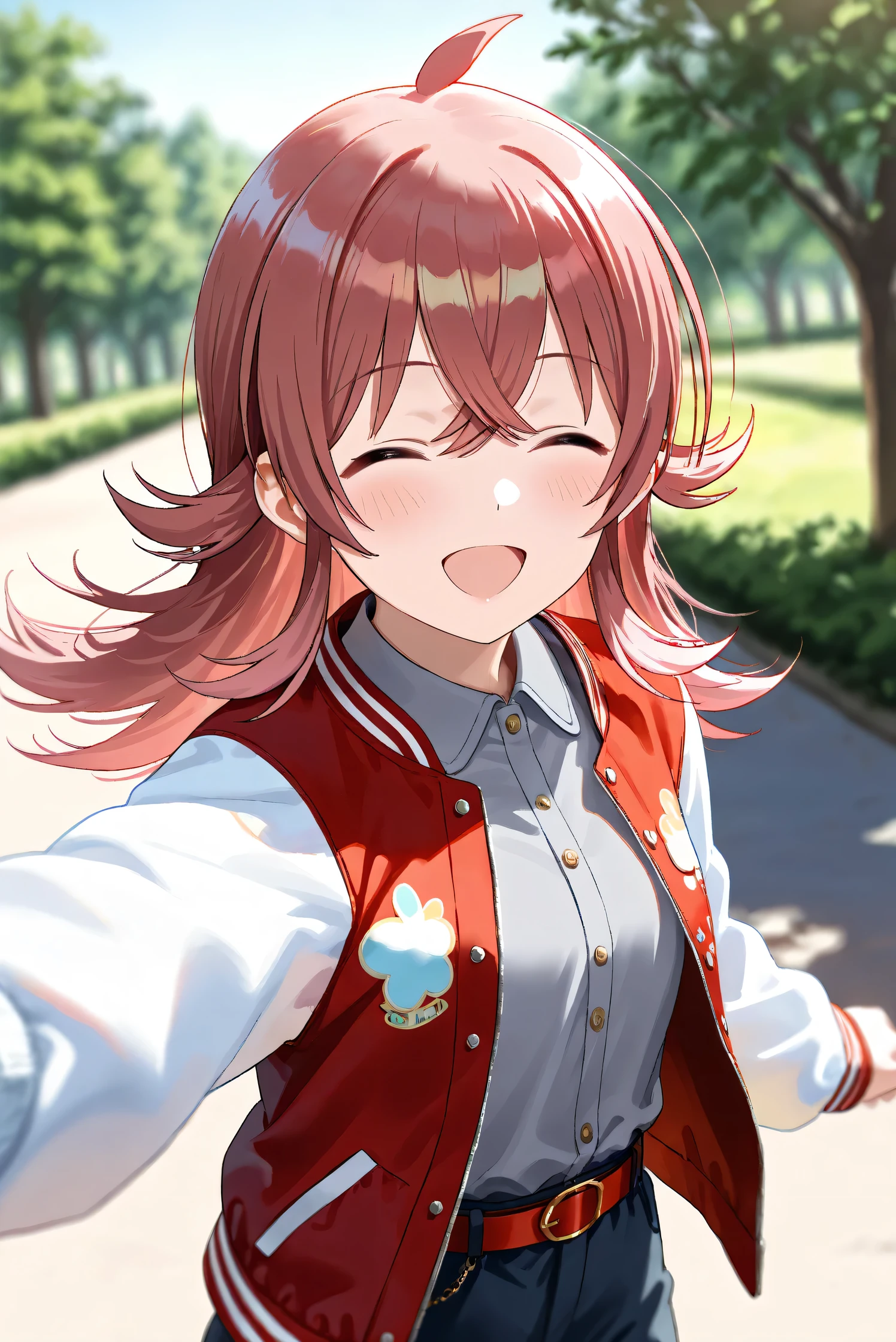 (Masterpiece), (Highest quality), (Very detailed), 
(The best shape), (Best Shadow), (Absurd), 
(Detailed background), (So beautiful), Shiny , 
Extraordinary, Countershading, 8k, 32K, High resolution, 
Very Detailed CG, UHD,

Score_9, Score_8_up, Score_7_up, Source_anime, 
(Pastel painting:1.2), (Watercolor painting:1.2),
(Masterpiece, Detailed:1.2), (Foreshortening:1.2),

Cinematic, Dramatic, (Depth of field:1.4),
(Blurry background:1.4), (Realistic background:1.4),
(Foreshortening:1.3),Dynamic angle,
1 girl,
Outdoor, Nature, Park, Wind,

Komiya Kaho, komiya kaho,
the idolmaster shiny colors,
long hair, red hair, hair between eyes, ahoge, (medium breasts:0.7),

(Casual wear:1.3), 
(Collared shirt:1.1), (Gray shirt:1.3), (Plain shirt:1.1),
Souvenir Jacket, Open jacket, Red jacket, Long sleeves, White sleeves, Plain jacket,
Hot pants, Turquoise hot pants, 
belt, red belt,

Portrait, Focus on face, her eyes closed,
(Blush:1.3), Smile, Happy,
Realistic skin, Shiny skin,
