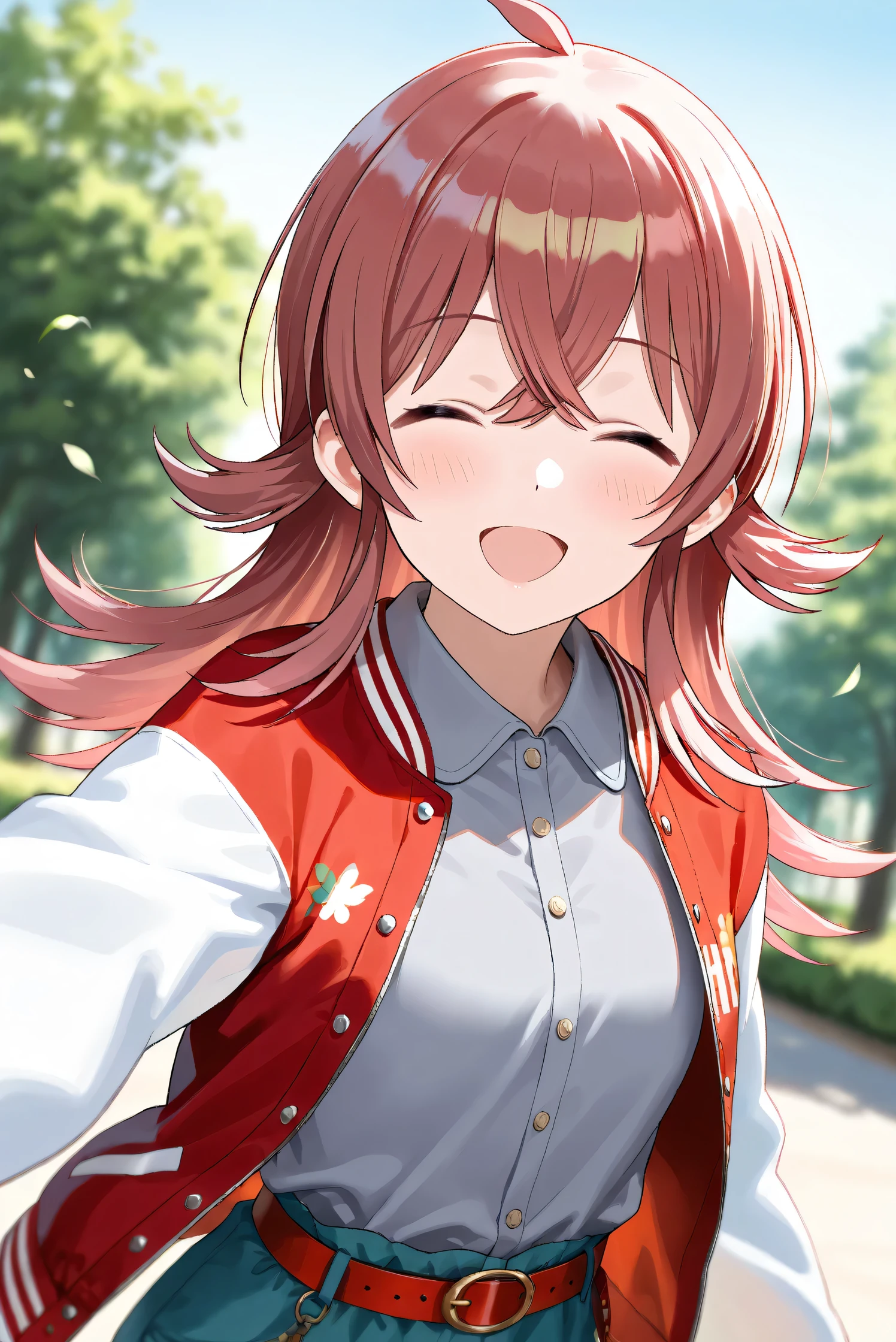 (Masterpiece), (Highest quality), (Very detailed),
(The best shape), (Best Shadow), (Absurd),
(Detailed background), (So beautiful), Shiny ,
Extraordinary, Countershading, 8k, 32K, High resolution,
Very Detailed CG, UHD,
Score_9, Score_8_up, Score_7_up, Source_anime,
(Pastel painting:1.2), (Watercolor painting:1.2),
(Masterpiece, Detailed:1.2), (Foreshortening:1.2),
Cinematic, Dramatic, (Depth of field:1.4),
(Blurry background:1.4), (Realistic background:1.4),
(Foreshortening:1.3),Dynamic angle,
1 girl,
Outdoor, Nature, Park, Wind,
Komiya Kaho, komiya kaho,
the idolmaster shiny colors,
long hair, red hair, hair between eyes, ahoge, (medium breasts:0.7),
(Casual wear:1.3),
(Collared shirt:1.1), (Gray shirt:1.3), (Plain shirt:1.1),
Souvenir Jacket, Open jacket, Red jacket, Long sleeves, White sleeves, Plain jacket,
Hot pants, Turquoise hot pants,
belt, red belt,
Portrait, Focus on face, her eyes closed,
(Blush:1.3), Smile, Happy,
Realistic skin, Shiny skin,