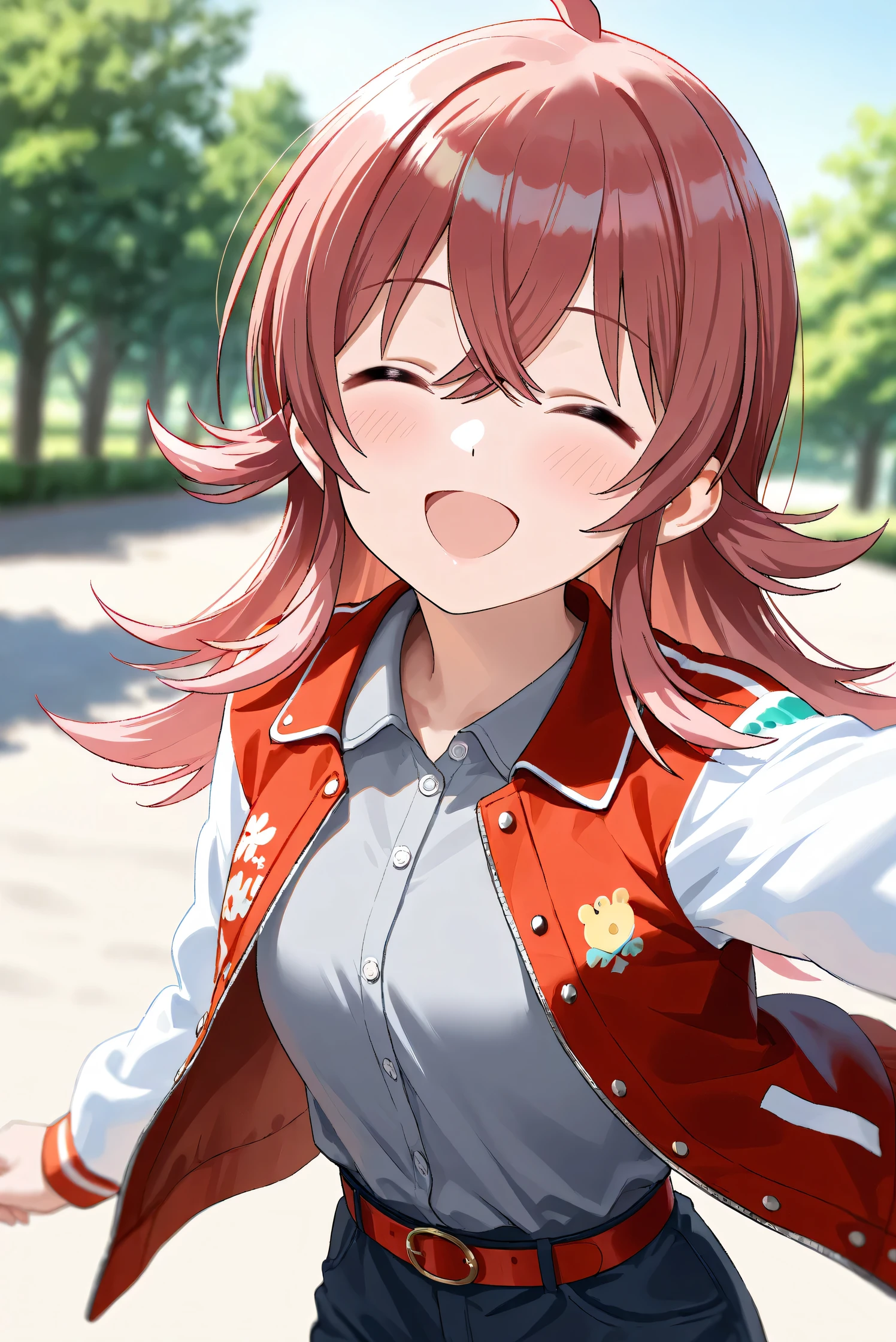 (Masterpiece), (Highest quality), (Very detailed),
(The best shape), (Best Shadow), (Absurd),
(Detailed background), (So beautiful), Shiny ,
Extraordinary, Countershading, 8k, 32K, High resolution,
Very Detailed CG, UHD,
Score_9, Score_8_up, Score_7_up, Source_anime,
(Pastel painting:1.2), (Watercolor painting:1.2),
(Masterpiece, Detailed:1.2), (Foreshortening:1.2),
Cinematic, Dramatic, (Depth of field:1.4),
(Blurry background:1.4), (Realistic background:1.4),
(Foreshortening:1.3),Dynamic angle,
1 girl,
Outdoor, Nature, Park, Wind,
Komiya Kaho, komiya kaho,
the idolmaster shiny colors,
long hair, red hair, hair between eyes, ahoge, (medium breasts:0.7),
(Casual wear:1.3),
(Collared shirt:1.1), (Gray shirt:1.3), (Plain shirt:1.1),
Souvenir Jacket, Open jacket, Red jacket, Long sleeves, White sleeves, Plain jacket,
Hot pants, Turquoise hot pants,
belt, red belt,
Portrait, Focus on face, her eyes closed,
(Blush:1.3), Smile, Happy,
Realistic skin, Shiny skin,