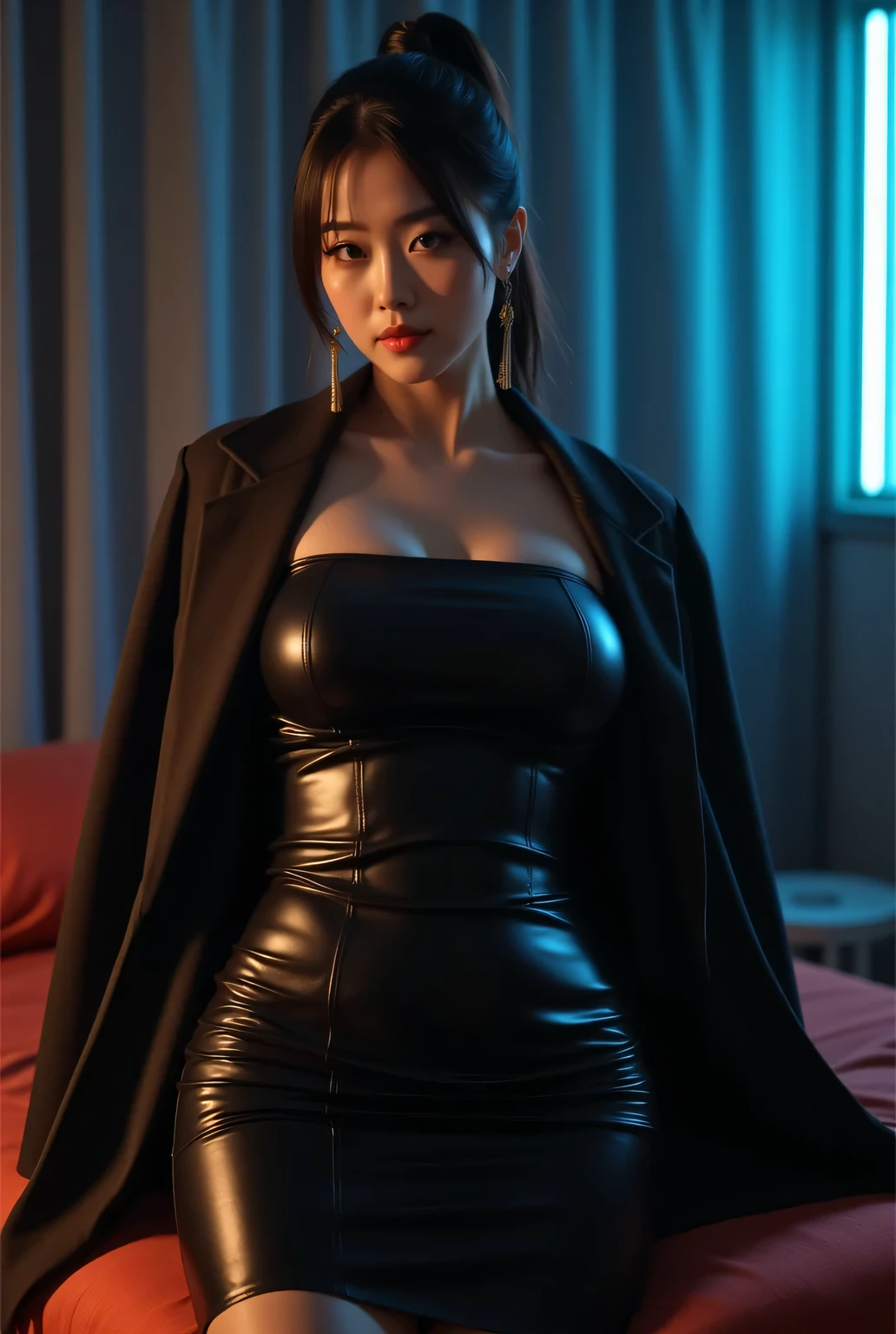 diagonal below view, highest quality, photo realistic, high resolution, masterpiece,
super beautiful Japanese mature woman, 50years old, looks like a intimidating dominatrix, condescending gaze, charm with gaze, staring at the viewer, glossy skin, oily skin, eye makeup, long false eyelashes, eyeliners, mascara, lip makeup, short ponytail,
leather tube dress, thick thighs, wearing a short jacket
dimly lit bed room in a newly motel late at night, windowless, curtains on the windows, easy-to-see color lighting, colorful to keep
