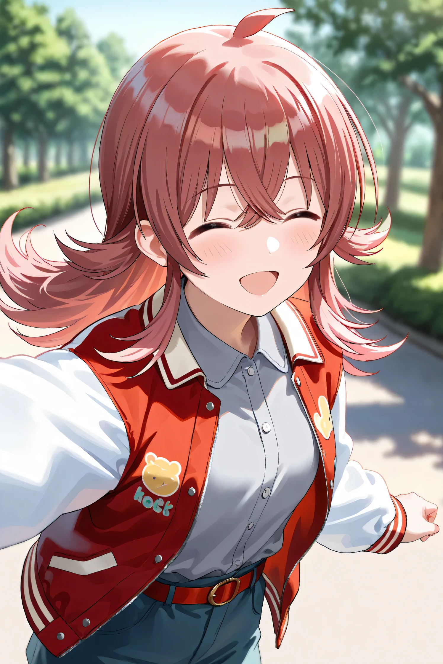 (Masterpiece), (Highest quality), (Very detailed),
(The best shape), (Best Shadow), (Absurd),
(Detailed background), (So beautiful), Shiny ,
Extraordinary, Countershading, 8k, 32K, High resolution,
Very Detailed CG, UHD,
Score_9, Score_8_up, Score_7_up, Source_anime,
(Pastel painting:1.2), (Watercolor painting:1.2),
(Masterpiece, Detailed:1.2), (Foreshortening:1.2),
Cinematic, Dramatic, (Depth of field:1.4),
(Blurry background:1.4), (Realistic background:1.4),
(Foreshortening:1.3),Dynamic angle,
1 girl,
Outdoor, Nature, Park, Wind,
Komiya Kaho, komiya kaho,
the idolmaster shiny colors,
long hair, red hair, hair between eyes, ahoge, (medium breasts:0.7),
(Casual wear:1.3),
(Collared shirt:1.1), (Gray shirt:1.3), (Plain shirt:1.1),
Souvenir Jacket, Open jacket, Red jacket, Long sleeves, White sleeves, Plain jacket,
Hot pants, Turquoise hot pants,
belt, red belt,
Portrait, Focus on face, her eyes closed,
(Blush:1.3), Smile, Happy,
Realistic skin, Shiny skin,