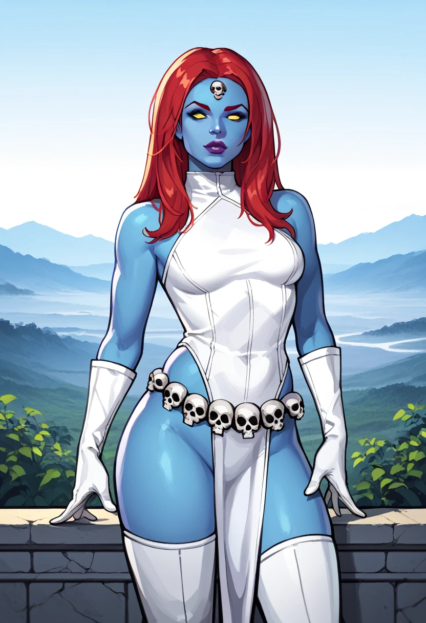 ((masterpiece)), ((detailed, high quality)), girl, cute face:1.2, red hair, super straight hair, soft pink eyes, blue skin, white cute dress, skull belt, bedroom, Pantyhose white sexy, close-up