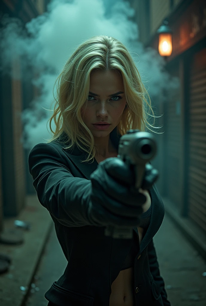 (Masterpiece.UHD.photo realistic) An ultra hot gorgeous European woman. French. Blonde.Age 23. Cleavage.curvy body.she’s aiming a gun to the viewer.Horror movie. Dramatic light.spooky scenery.