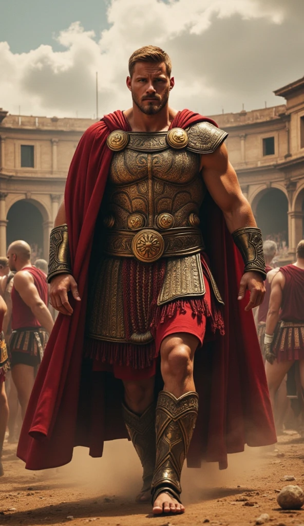 (masterpiece, UHD, illustration, detailed:1.3), Alexander the Great, (drunk:1.2), dressed in ancient Roman attire, escalating aggression, (menacing demeanor:1.1), wielding a sword, intimidating guests, grand feast, spilled wine, fear and confusion, Greg Rutkowski style.