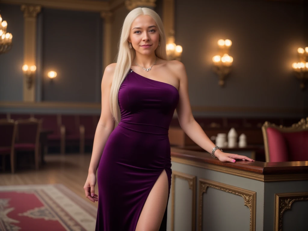 young woman in her 30s, with long, straight silver hair, blue eyes, with a beautiful glow, perfect face, perfect body, wearing a beautiful navy blue dress, full body shot, full shot, high definition, realism . --auto --s2