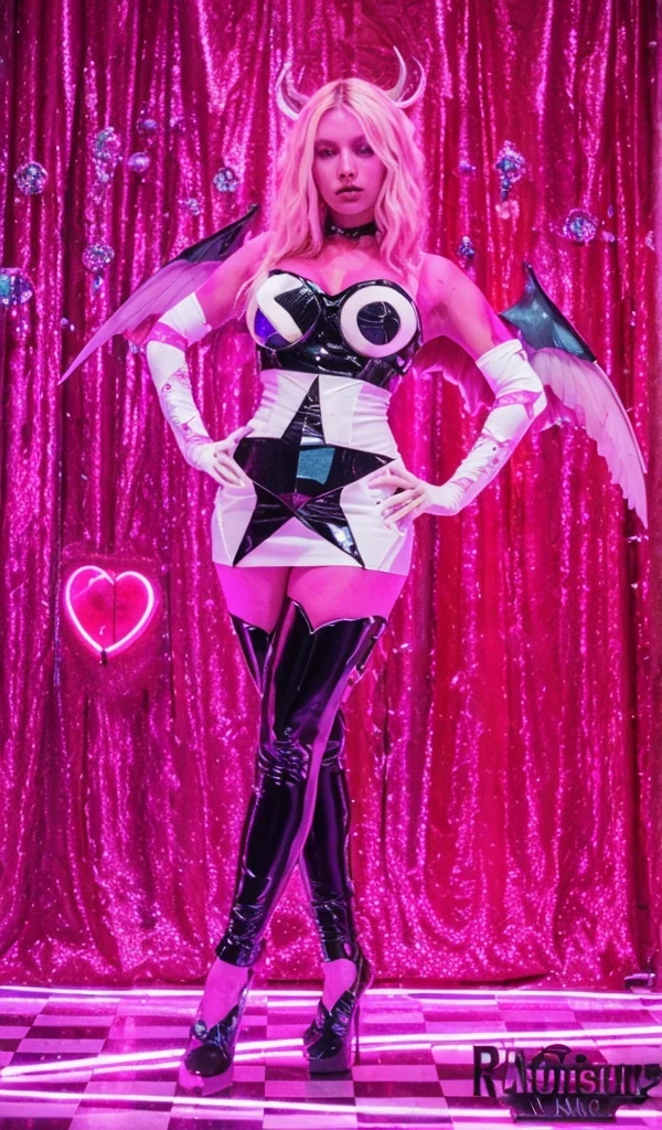 photo of an extravagant model with gorgeous bright neon dotted avant-garde red eye makeup and thick black winged eyeliner, long lashes, shimmering lipstick, looking into the camera, solid pink color background