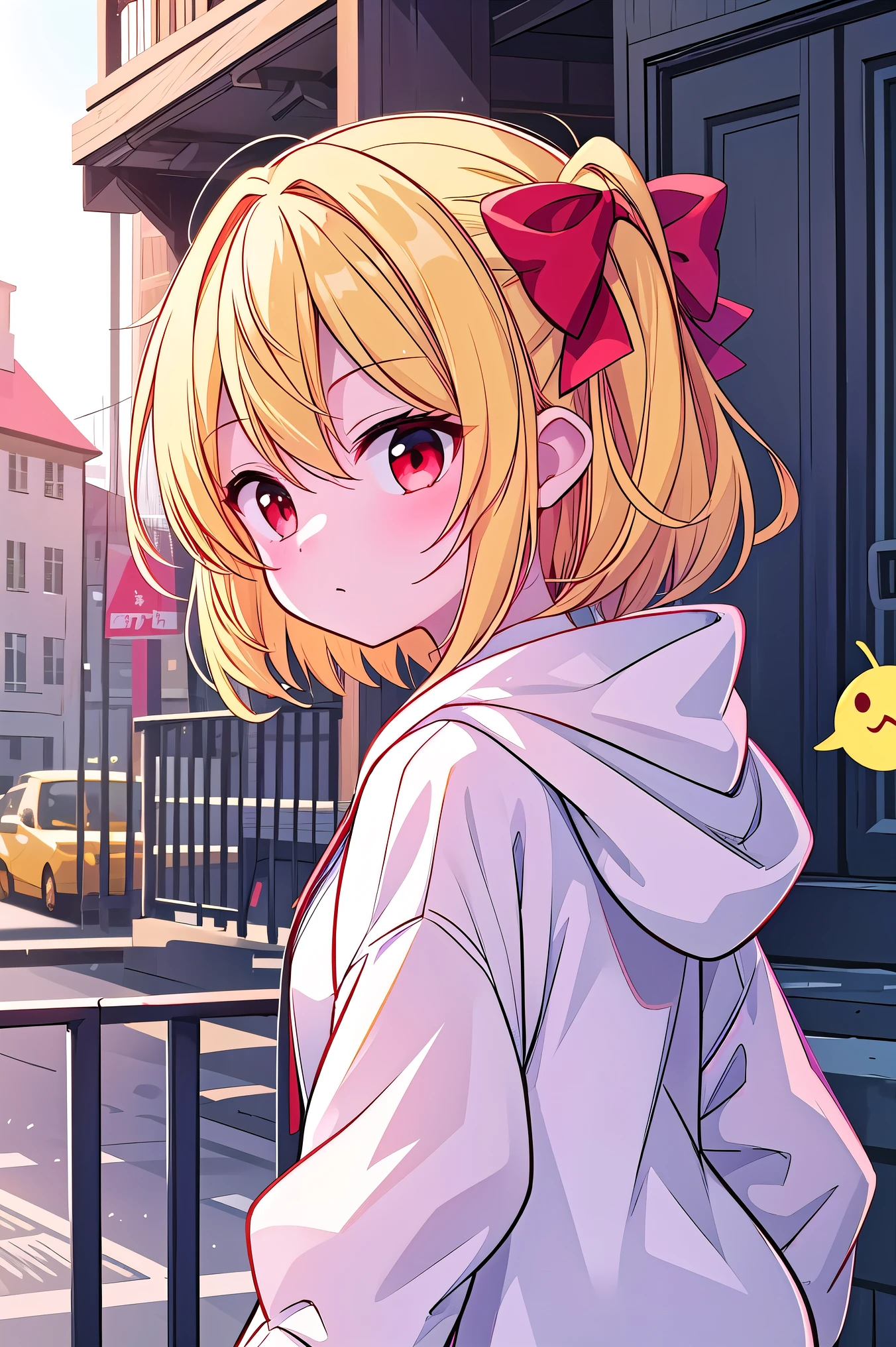 詳細なbackground, masterpiece, top quality, Emoji豊か、upper body、1Alone、1By people、1Only people、only girl、Flanders Scarlett, , third-tailed yellow hair 、red eyes、 Gold、Short Hair、short hair、about the age of a female college student、Touhou Project、Costume(white hoodie)、white hoodieを着ている、 Emoji(Serious)、 status(inside)、is looking back、background(Evening Road)、Evening Roadを下校する、