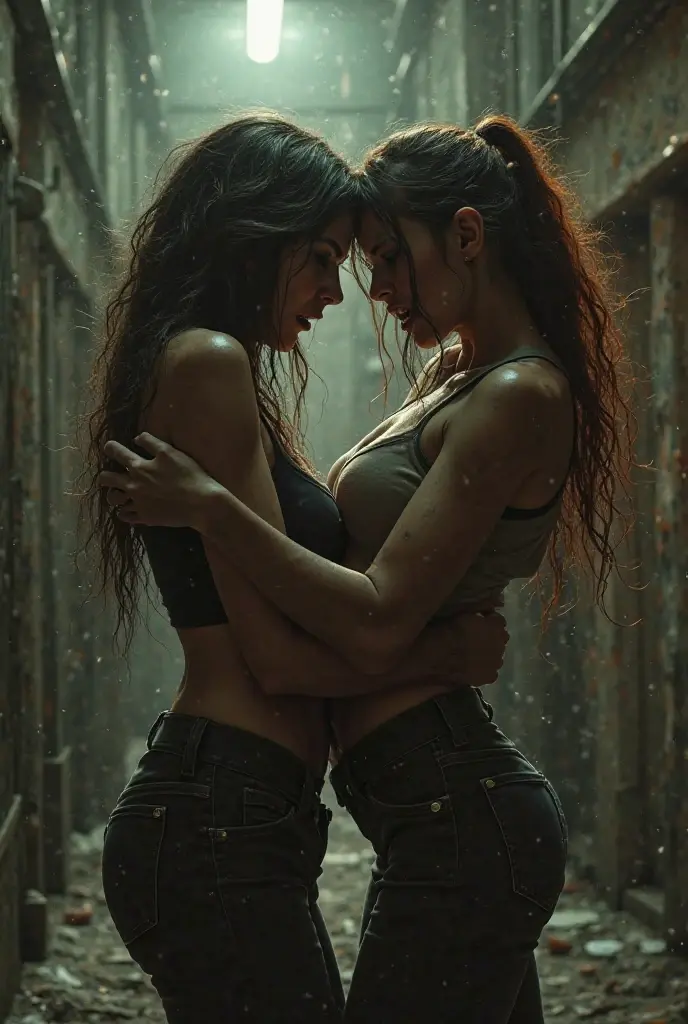 Italian woman with black hair, wearing neon blue sheer lace lingerie, walking hand in hand with a Japanese woman with pink hair, wearing black transparent silk lingerie in the rain, with wet bodies 