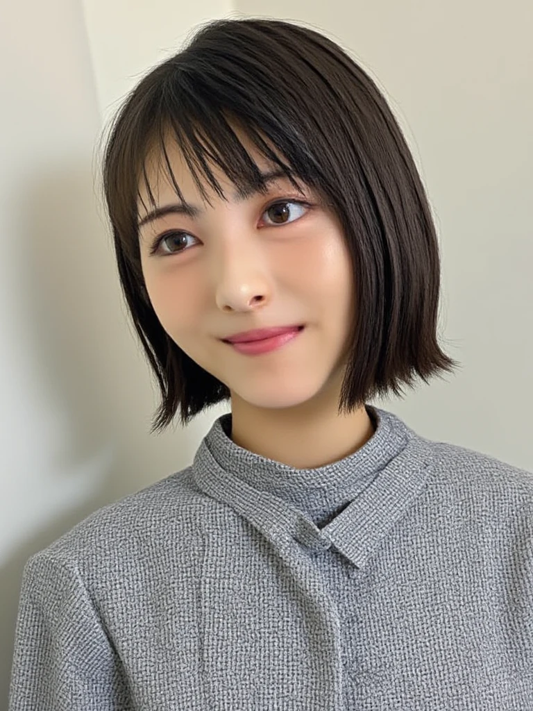 (Highly realistic photos, High resolution, detailed face, fine eyes), ((Taken in front of a white wall))、japanese woman, 40 years old, Variety of facial expressions, alone:1, slim figure, different hairstyles, casual clothes, Only one person appears in the photo、long sleeve dress、Shot in natural light、simple necklace、Spring clothes、Don't look at the camera、profile、Dark brown hair color、bob hair