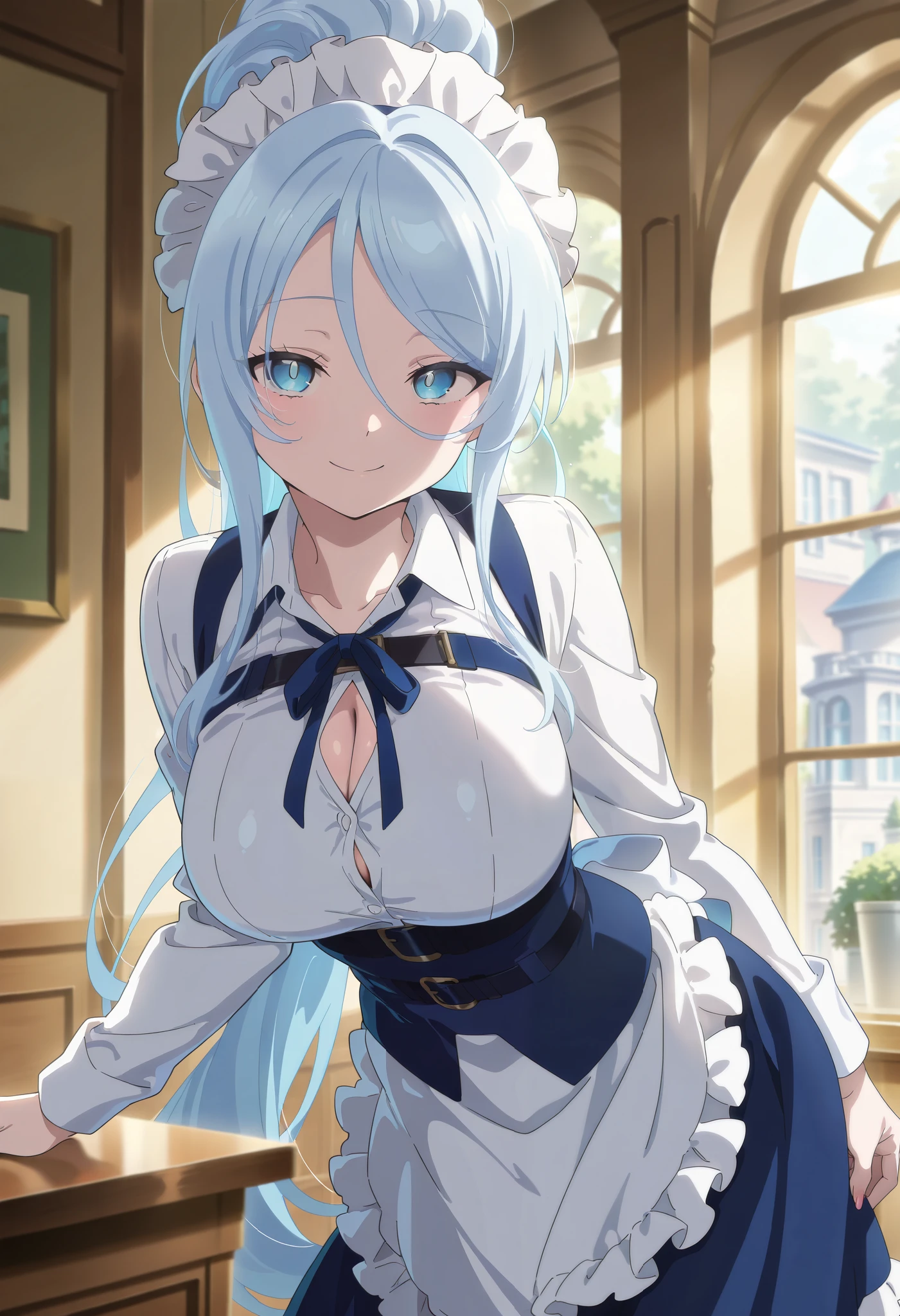 (masterpiece) best quality, amazing quality, very aesthetic, absurdres, newest, scenery, 1girl, long hair, blue eyes, hair between eyes, light blue hair, high ponytail, sidelocks
maid headdress, neck ribbon, blue ribbon, white shirt, collared shirt, long sleeves, (frills:1.1), frilled apron, waist apron, white apron, belt, blue dress, frilled skirt
maid headdress, white shirt, collared shirt, cleavage, long sleeves, blue skirt, looking at viewer, shiny skin, blushed, smiling,  anime screenshot, masterpiece, best quality, amazing quality, very aesthetic, absurdres, newest, scenery, volumetric lighting, indoors, 
