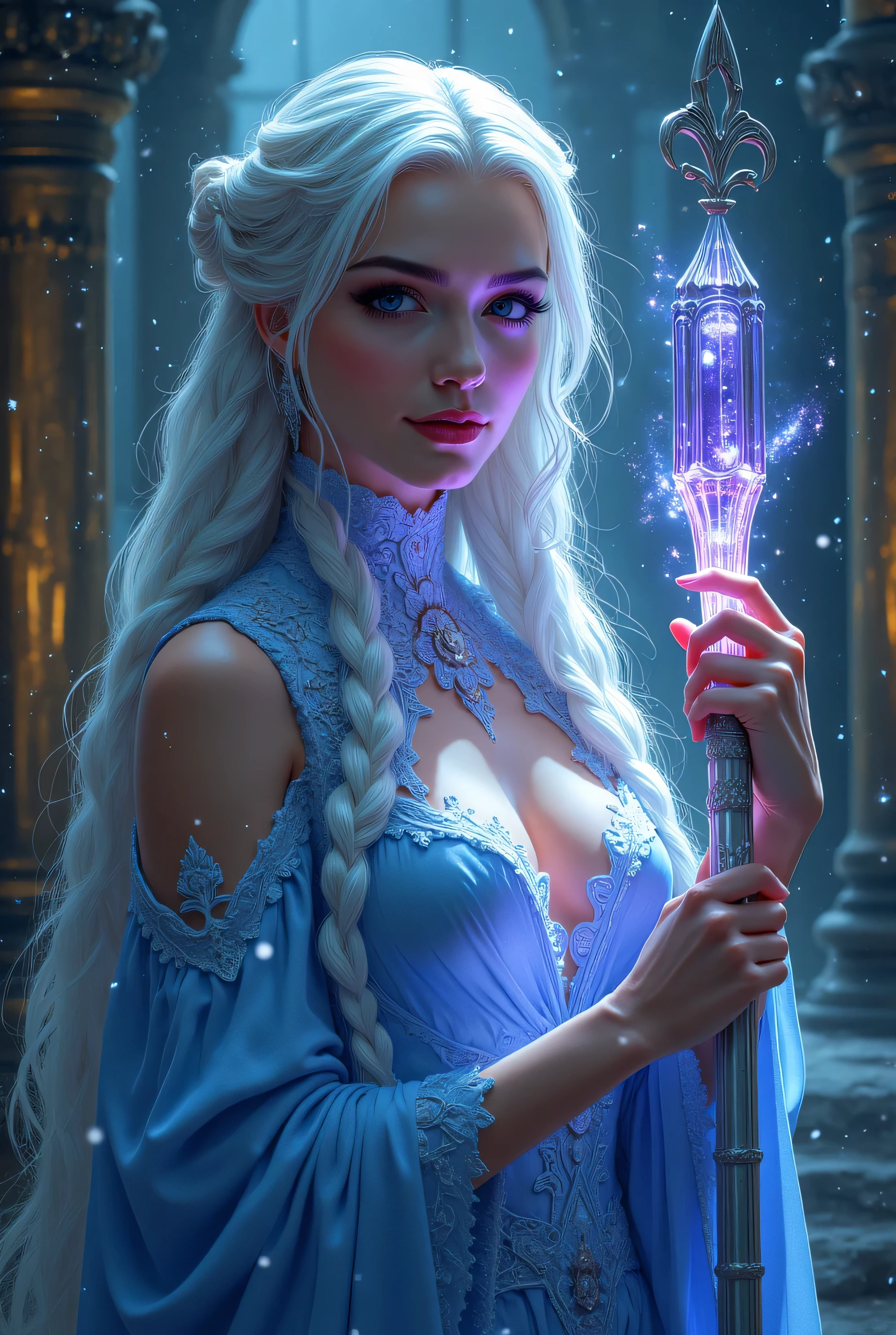 (better quality,ultra-detailed,Realistic:1.37)、Sorcière attaquante avec la magie du givre、Une jeune femme de 18 ans、(piercing eyes:1.5)、look agressif、Elegant outfit、electric arcs dance around'elle、hold a large magic scepter enchanted with frost magic,outside, scene of launching an attack with a magic circle, an ice cream cone , corps entier,pas de robe; lingerie couleur vive, gros seins,porte jarretelle,elsa