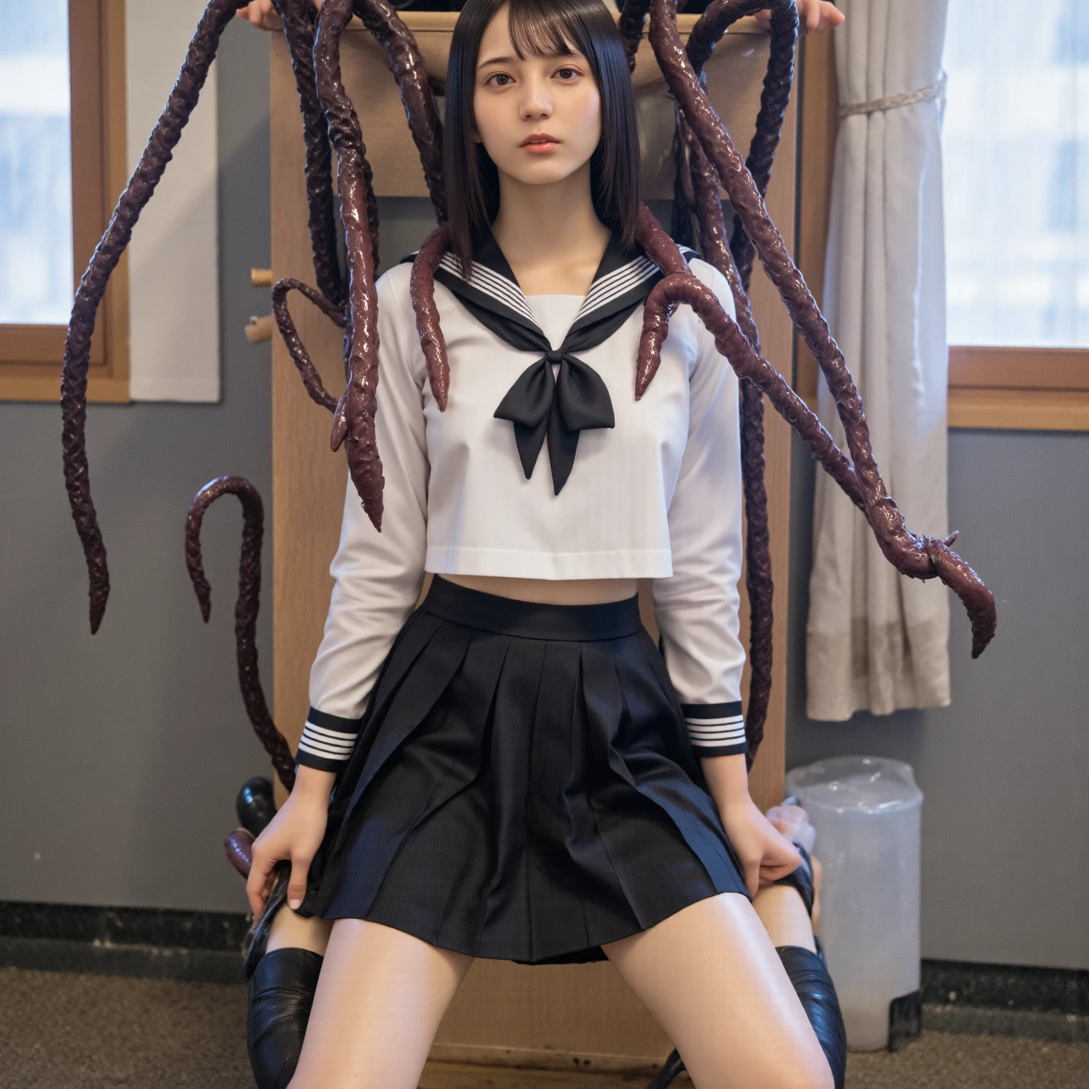 The face and pose remain unchanged, (Best Quality, MASTERPIECE), In a cave surrounded by creature tentacles, (High school girl, long skirt), (((Long skirt)) The white liquid on the tentacles makes the body sticky, the body becomes shiny with sweat, Heavy sweat dripping on the body, Spread the legs, ((((Entering a large amount of thin tentacles entering while flipping up the skirt))))), ((( A large amount of white liquid overflows from the crotch and drips onto the thighs))), (((Precisely depicts how the tentacles boldly flip up the long skirt))))))), Precisely reproduce the way the tentacles wriggle in the crotch part of the skirt, and precisely depict how the crotch part of the skirt swells with the tentacles,