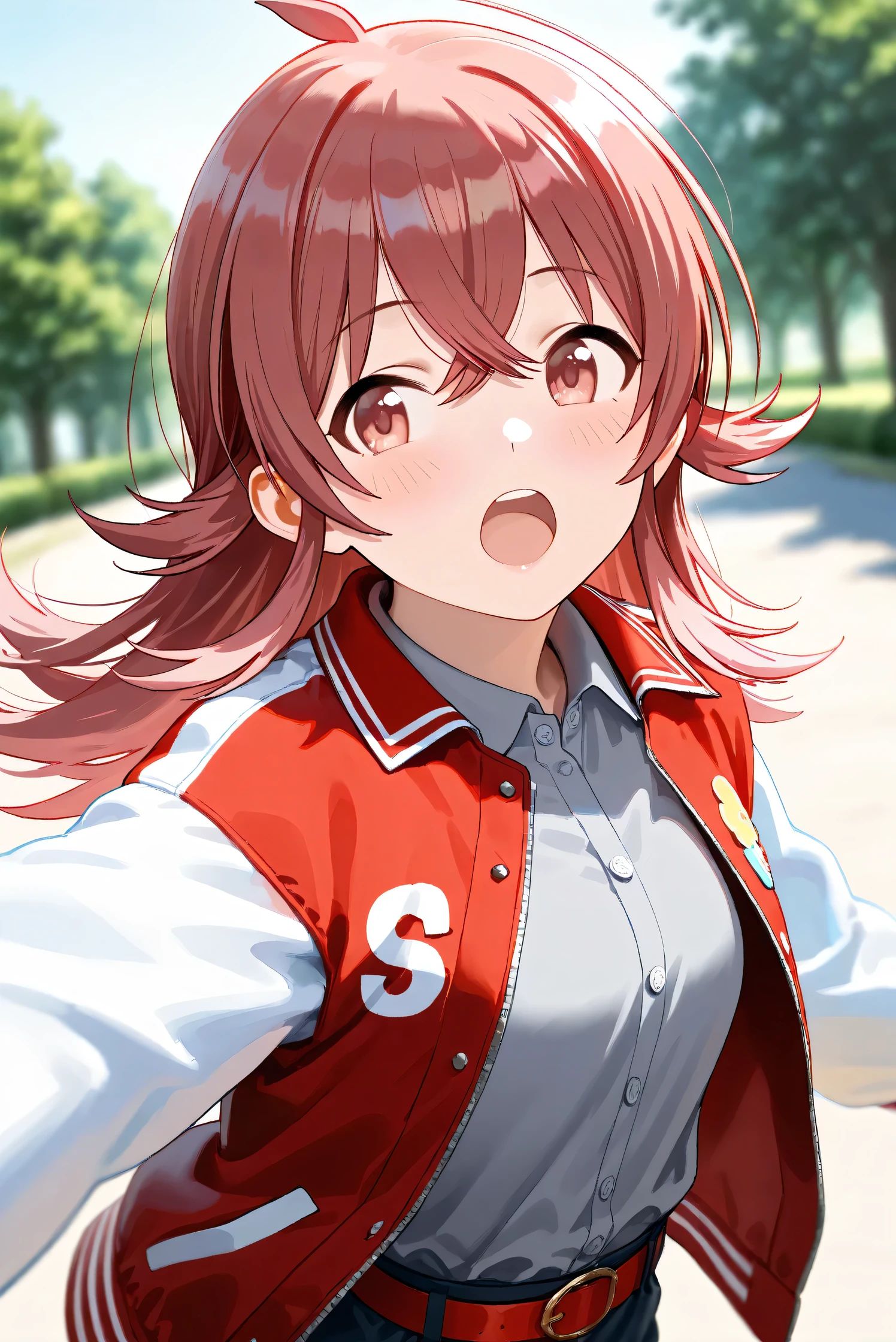 (Masterpiece), (Highest quality), (Very detailed),
(The best shape), (Best Shadow), (Absurd),
(Detailed background), (So beautiful), Shiny ,
Beautiful eyes in every detail, Extraordinary, Countershading, 8k, 32K, High resolution,
Very Detailed CG, UHD,
Score_9, Score_8_up, Score_7_up, Source_anime,
(Pastel painting:1.2), (Watercolor painting:1.2),
(Masterpiece, Detailed:1.2), (Foreshortening:1.2),
Cinematic, Dramatic, (Depth of field:1.4),
(Blurry background:1.4), (Realistic background:1.4),
(Foreshortening:1.3),Dynamic angle,
1 girl,
Outdoor, Nature, Park, Wind,
Komiya Kaho, komiya kaho,
the idolmaster shiny colors,
long hair, red hair, red eyes, hair between eyes, ahoge, (medium breasts:0.7),
(Casual wear:1.3),
(Collared shirt:1.1), (Gray shirt:1.3), (Plain shirt:1.3),
Souvenir Jacket, Open jacket, Red jacket, Long sleeves, White sleeves, (Plain jacket:1.2),
Hot pants, Turquoise hot pants, Belt, Red belt,
Portrait, Focus on face, Close up shot,
(Blush:1.3), Looking back, (Open her mouth a little:1.2),
Realistic skin, Shiny skin,