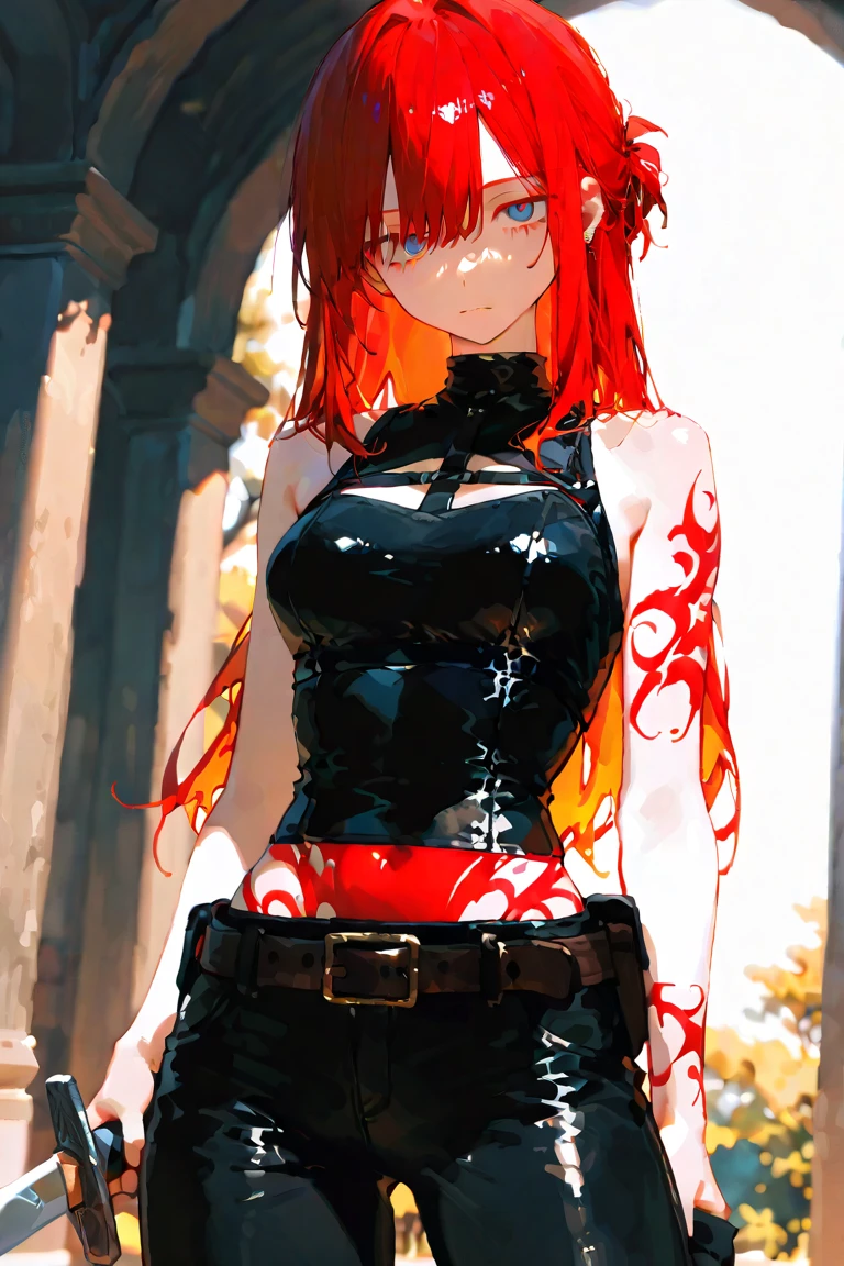 Blossom From Powerpuff Girls as a Violent Mature Themed Action Anime, Red Hair:1.2, Sexy Powerpuff Girls Anime, bloody battle damage and wear, ecchi Damaged and Ripped clothes, pink and black clothes, one nipple revealed through nsfw rips in clothes, having sex, nude, nipples,