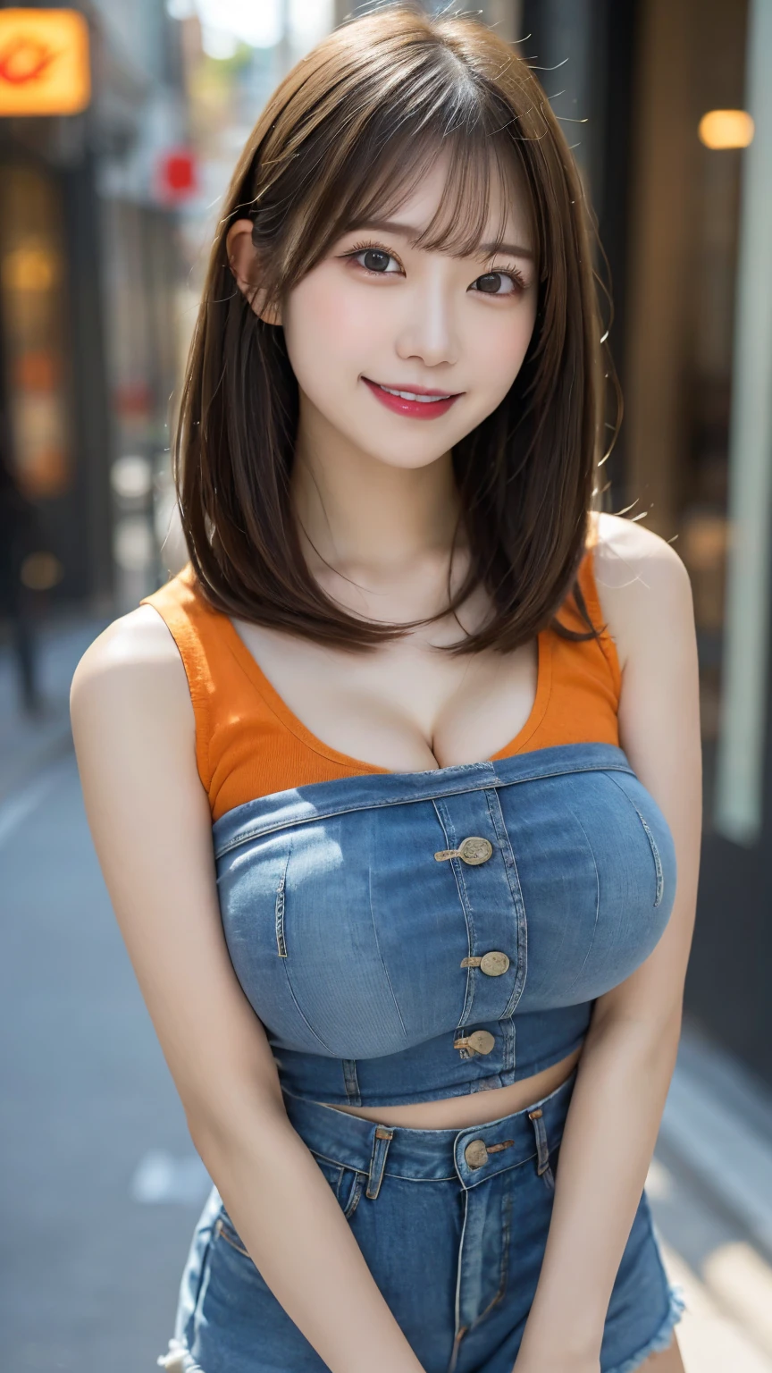 A Japanese woman with short hair, a slender body and huge breasts。The hair is bright blonde、Long Straight。Super Gal。A pose that emphasizes her large breasts。With a sexy look、Smiling confidently。The background is a modern loft、Plenty of natural light comes in。She was wearing a short T-shirt and a tight blue miniskirt.。Brown long boots。As an accessory、large silver hoop earrings。Photorealistic。