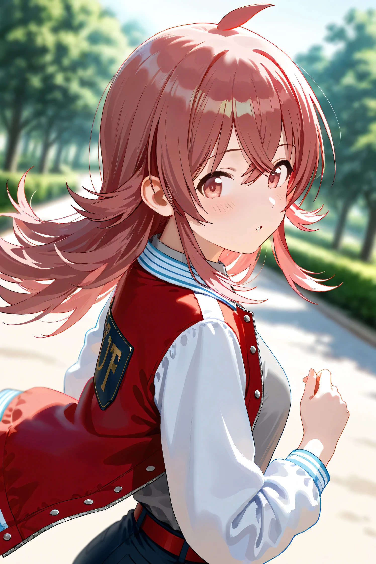 (Masterpiece), (Highest quality), (Very detailed), 
(The best shape), (Best Shadow), (Absurd), 
(Detailed background), (So beautiful), Shiny , 
Beautiful eyes in every detail, Extraordinary, Countershading, 8k, 32K, High resolution, 
Very Detailed CG, UHD,

Score_9, Score_8_up, Score_7_up, Source_anime, 
(Pastel painting:1.2), (Watercolor painting:1.2),
(Masterpiece, Detailed:1.2), (Foreshortening:1.2),

Cinematic, Dramatic, (Depth of field:1.4),
(Blurry background:1.4), (Realistic background:1.4),
(Foreshortening:1.3),Dynamic angle,
1 girl,
Outdoor, Nature, Park, Wind,

Komiya Kaho, komiya kaho,
the idolmaster shiny colors,
long hair, red hair, red eyes, hair between eyes, ahoge, (medium breasts:0.7),

(Casual wear:1.3), 
(Collared shirt:1.1), (Gray shirt:1.3), (Plain shirt:1.3),
Souvenir Jacket, Open jacket, Red jacket, Long sleeves, White sleeves, (Plain jacket:1.2),
Hot pants, Turquoise hot pants, Belt, Red belt,

Portrait, Focus on face, Close up shot,
(Blush:1.3), Looking back, Parted lips,
Realistic skin, Shiny skin,