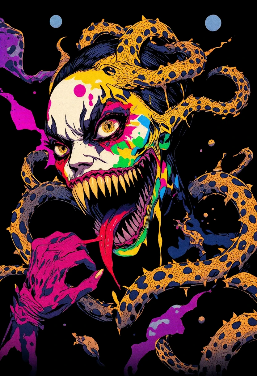 drawing of a monster with random features in psychedelic and colourful cartoon style while dripping everting, acid style, colourful psychedelic background