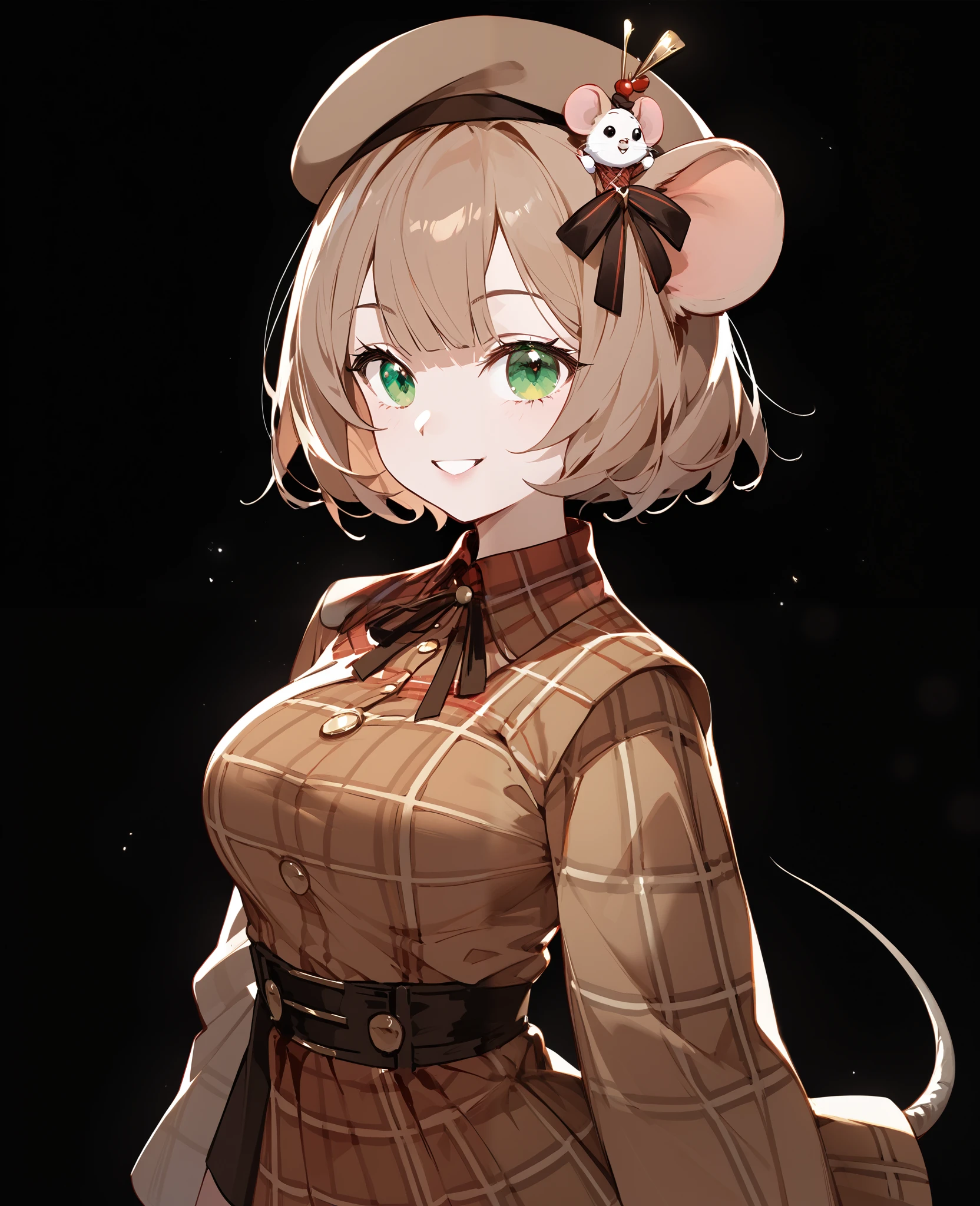 girl,Mouse Ear,light brown hair,in green eyes,,for short hair,, comic dress,big breasts,cute,brown short skirt,Slim legs,With rat tail,Sherlock Holmes series ,black black background,Put on a brown hat,brunette dress ,Long Sleeve Brown Shoulder Robe,ต้นSlim legs, White Stockings,Brown theme,mysterious,Beret Category,Plaid shirt,,Upper Body Shape,,standing,Brown theme,smile,brunette dress ออ่อน,