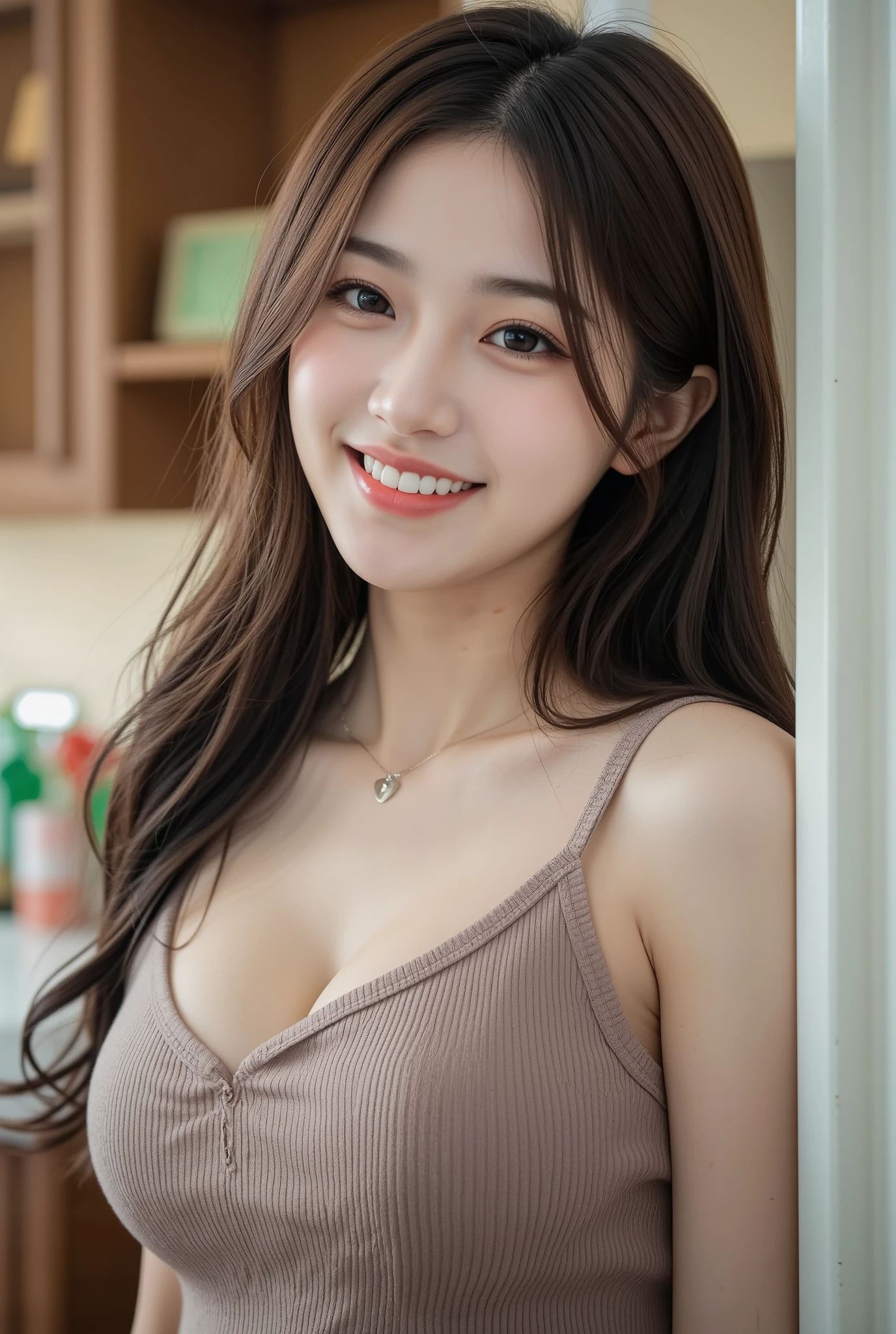 realistic photos of (1 cute Korean star) shoulder-length hair, thin makeup, 32 inch breasts size, slightly smile, with breakfast set, in the morning, motion blur, Fujicolor, f/1.8, 135mm, Canon