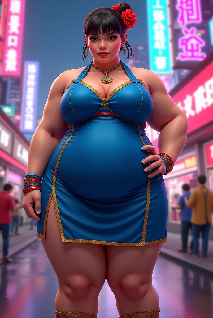 Latina woman, 42 years old, long brown hair, tan-bronze skin, plus size milf body, MILF, chubby figure, chubby face, attractive face, mascara, red lips, beautifully detailed eyes, carefree smile, confident expression, she very amused, hands on hips, looking at viewer, (wearing red tank-top, shiny black leggings and golden bracelets), wide hips, large thighs, beautiful thick female, thick thighs, she has a jiggly fat round belly, she has a wide load butt, standing in the streets of Miami, best quality, cinematic lighting, detailed background, soft volumetric lights, intricate details,
