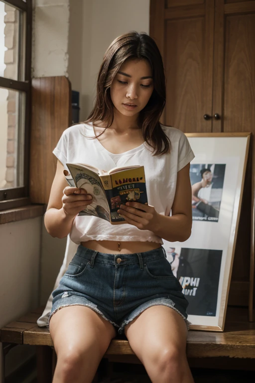 A girl in clothes reads a book with the title animal