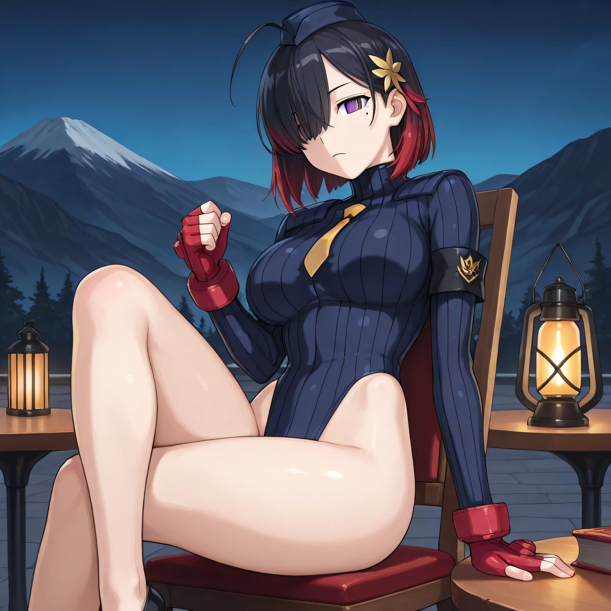 (((Masterpiece))), (((Best Quality))), ((Super Detail)), ultra-High resolution, score_9,score_8_up,score_7_up,score_6_up,score_5_up,score_4_up, BREAK, source_anime, anime screencap, uncensored, rating_explicit, Masterpiece, (best shadow), (absurdres), (detailed background), (very aesthetic), shiny, detailed beautiful eyes, outstanding, countershading, detailed soft lighting, an exquisite animation illustration, curvy, empty eyes, expressionless, blank eyes, looking at viewer, full body, emotionless, Fighting Stance, shadaloo dolls, red gloves, hat, cowboy shot, fingerless gloves, leotard, cosplay, highleg, highleg leotard, red gloves, garrison cap, dark persona, ribbed leotard, yellow necktie, (((solo, 1girl))), hair ornament, submissive pose, seductive pose, large breast, yumia, short hair, black hair,ahoge, red hair, bangs, mole, mole under eye,purple eyes,hair over one eye, sitting, outdoors, night, book, chair, table, crossed legs, lantern, mountain, on chair, outdoors, moutains,