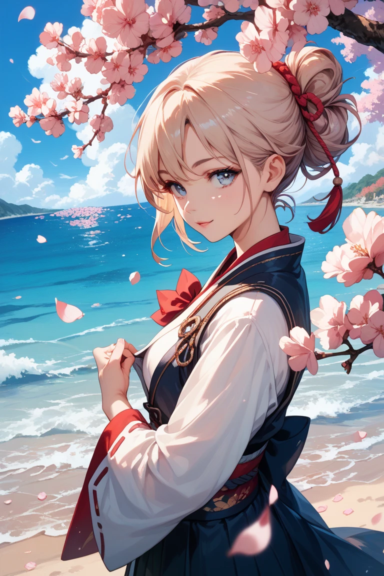 Illustration, overhead view, summer, beautiful girl, alone, Japanese anime style, far angle of view