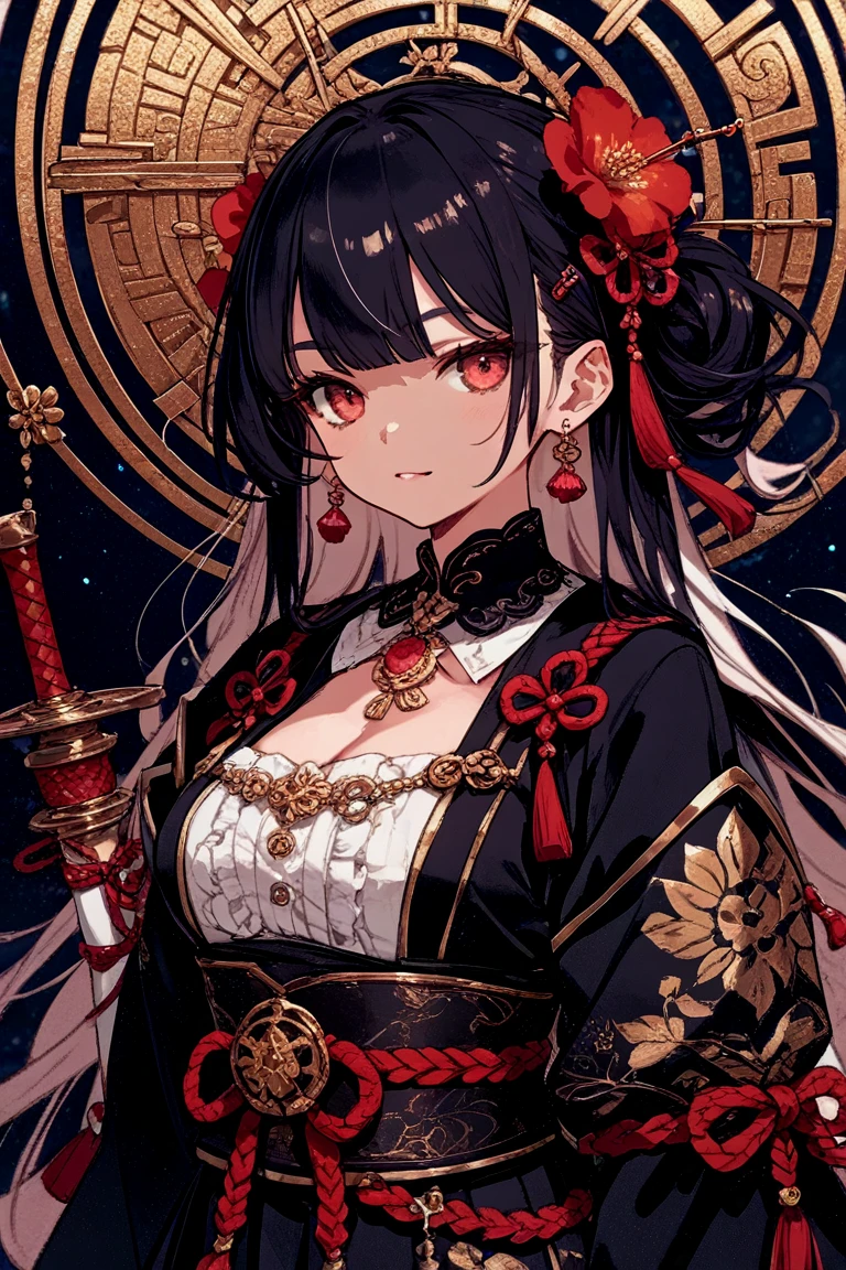1 very tall woman. tall. mature. long black hair. twisted gold eyes. large bust. Black and gold kimono. Opened kimono. revealing. intrigued expression. enchanted. Gilded demon woman. Talisman paper on her body. Sinister smile.