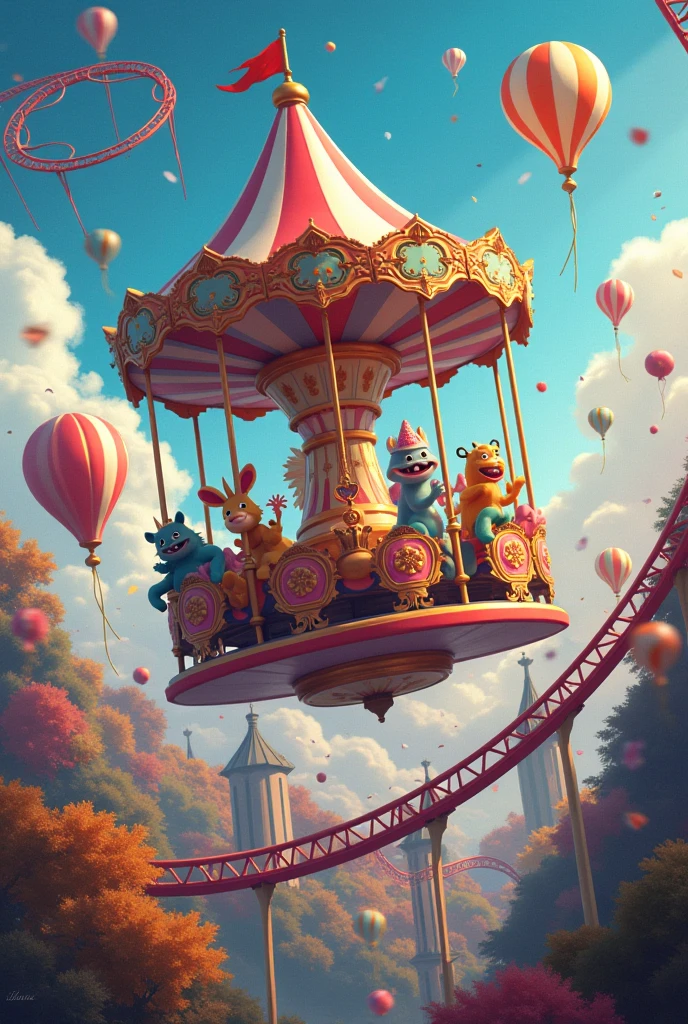 Generate a poster advertising an amusement park with a carousel roller ...