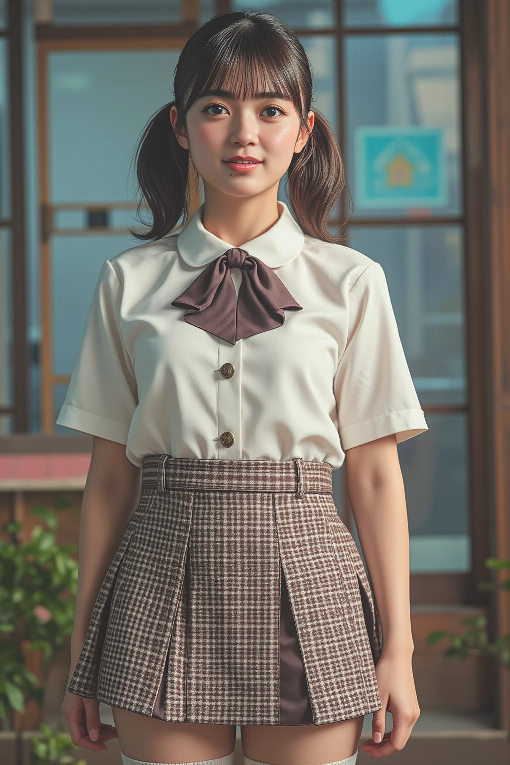 Girl, Solo, Shiny Skin, Very Detailed, Ultra Detailed, Ultra High Definition, (Photorealistic: 1.4), (Best Quality), (Best Shadow), Detailed, Perfect Lighting, Black Hair, Long Hair, (Small: 1.2), Japanese girl, solo, perfect body, perfect anatomy, White shirt, Black skirt, smile, cowboy shot,