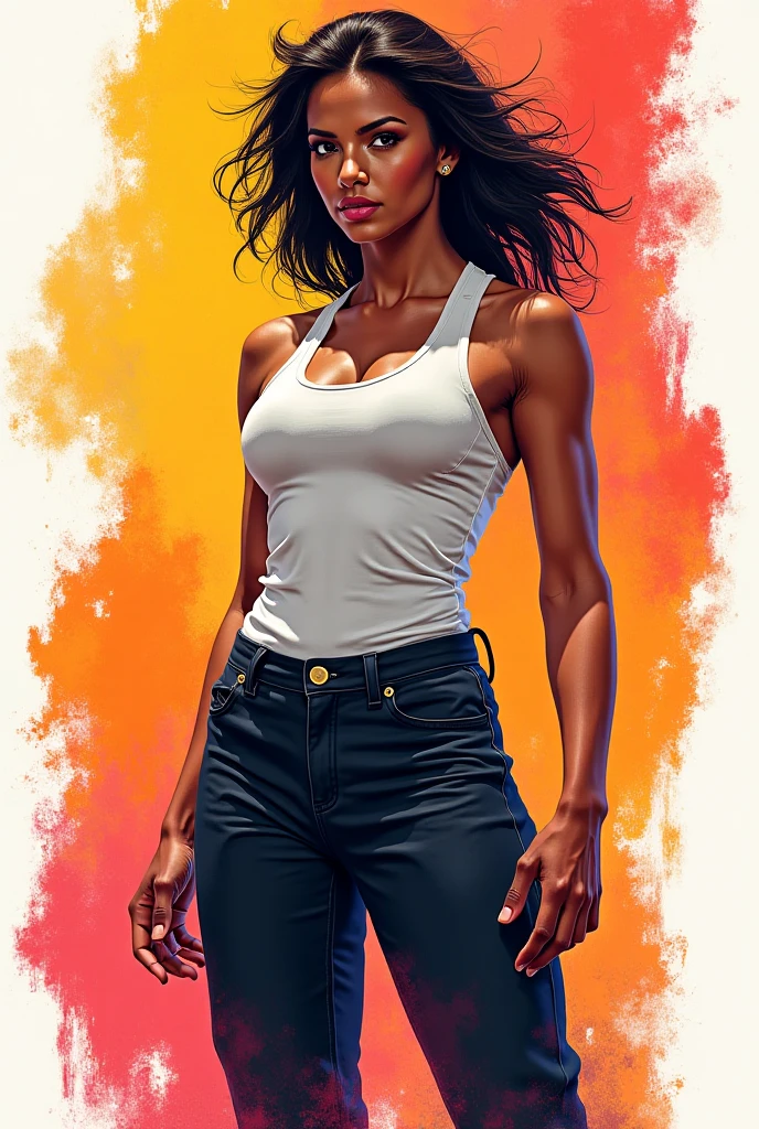 Only a black girl, ebony skin. purple long hair.  Green eyes.  Slender, athletic and elegant build. Dirty and worn jeans. white tank top and a jacket tied at the waist. Amazing stunningly beautiful, most beautiful women ever. Busty. Comic style. Marvel comics