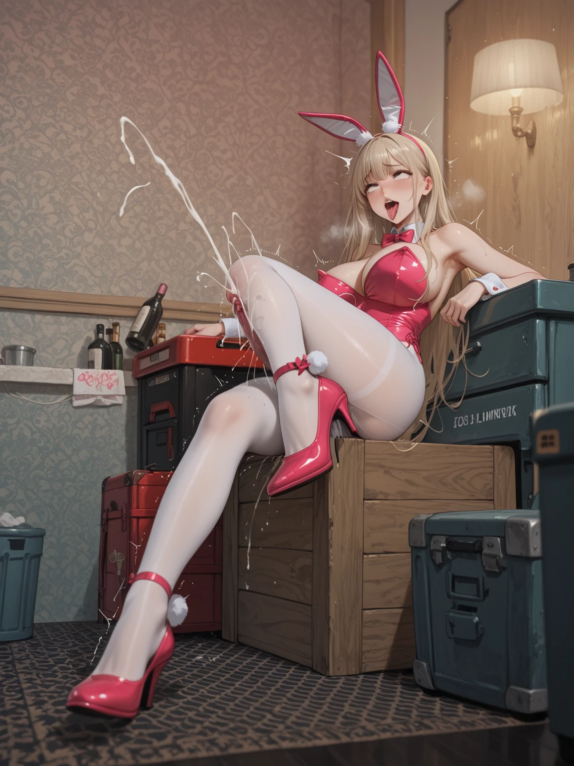 score_9、score_8_top、score_7_top、score_6_top、score_5_top、score_4_top、Bunny girl、At the Casino、(Lie on a large silver tray: 1.4)、(Lift your thighs and spread your legs wide: 1.7)、whole body、Shooting from directly above the center of the body、Close-up、Ideal body type、Medium chest、Tiny and detailed waist、Detailed ass、Detailed crotch、Detailed thighs、Beautifully detailed eyes、Beautiful Face、Captivating look、Flowing chestnut hair、Garnish with cut fruit and whipped cream、