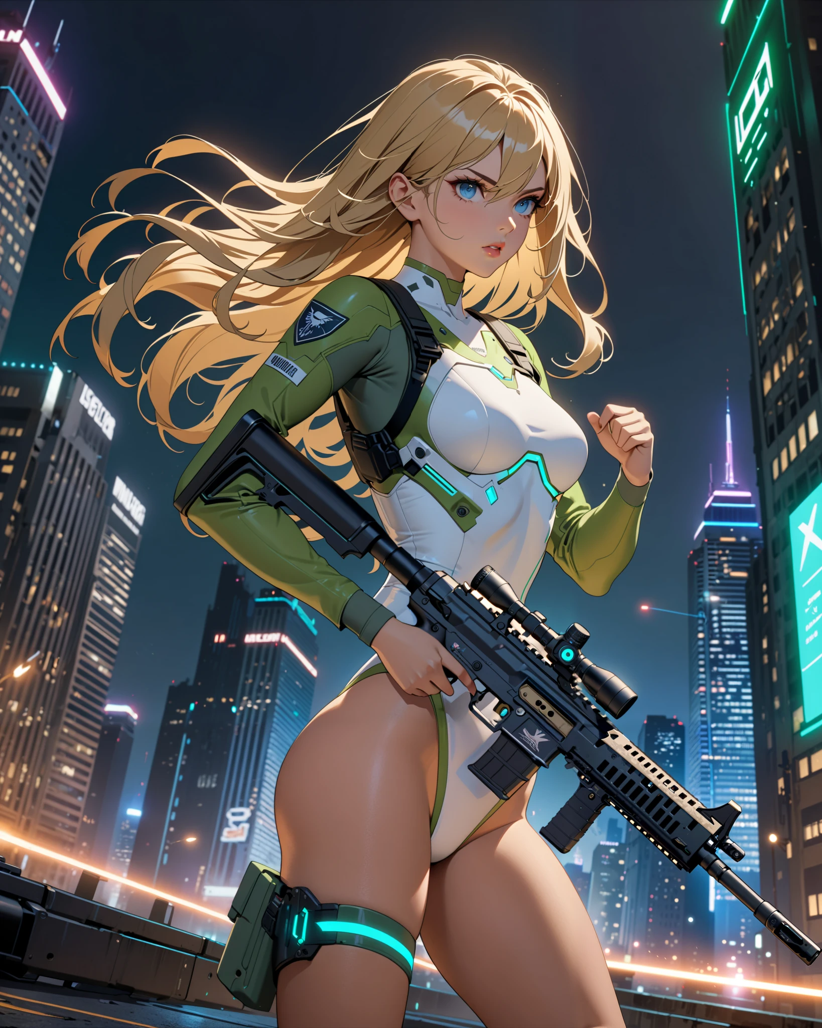 best quality, masterpiece, highres, solo, solo focus, 1lady, semi-realistic, dynamic action pose, in battle, looking away, (floating in the air:1.2), blonde hair, blue eyes, beautiful detailed eyes, beautiful detailed face, perfect anatomy, perfect proportions, sexy us military officer, dressed in a green and white leotard, city backdrop, neon edge lighting, highly detailed, professional, bare legs, matching boots, ankle-high boots, full body shot, (holding weapon, cyber rifle:1.2, perfect gun, very detailed weapon, perfect hand holding weapon), medium hair, hair down, nighttime, dramatic angle.