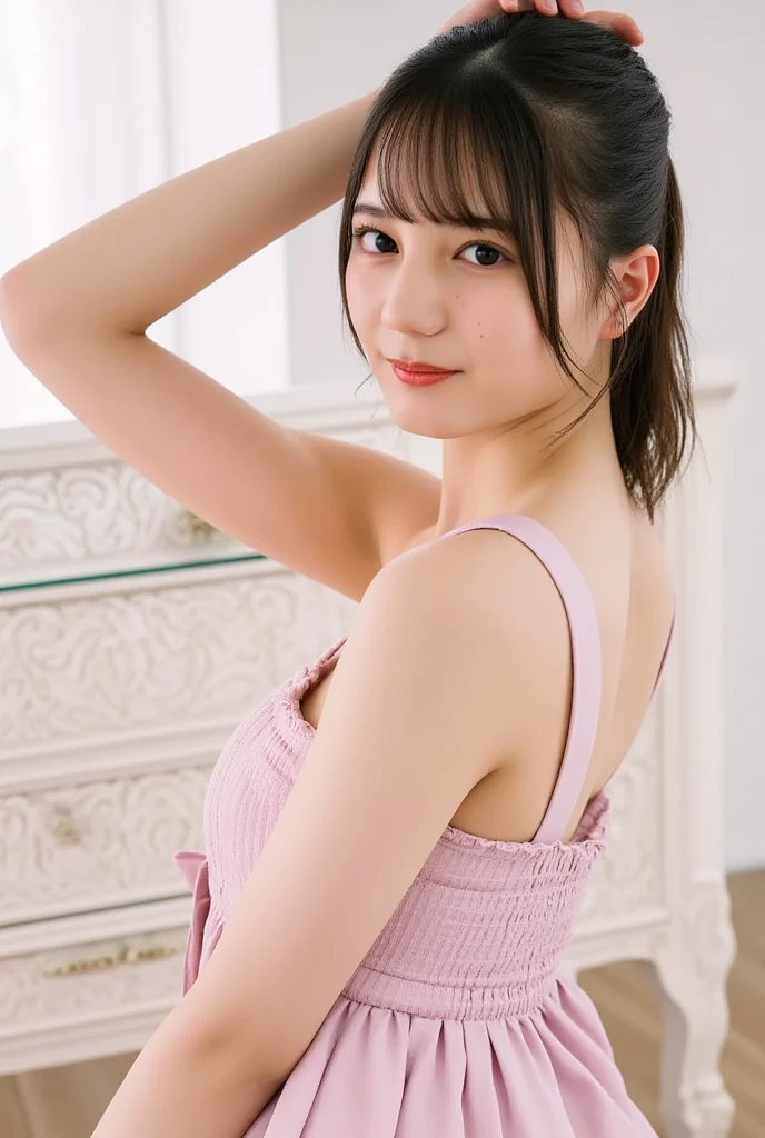 ((Ultra-high resolution,highest quality,8K,32K,Masterpiece hehe:1.2)),18-year-old、Twin tails,Small breasts, , Nogizaka Idol, Pink bandeau dress:1.1、,Idol Sculpture, Wet, smile、Light blue wall、sexy、slender、Shapely small breasts,Sitting in a chair、I can see your thighs、